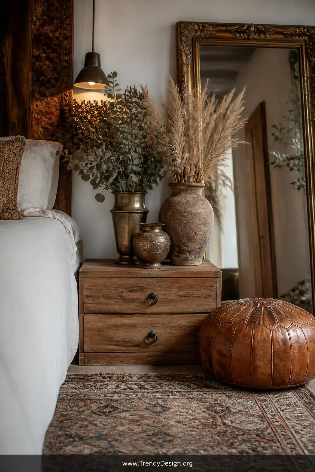 Closeup photorealistic vignette of a boho bedroom corner styled with a weathered warm-toned wooden nightstand holding a clust
