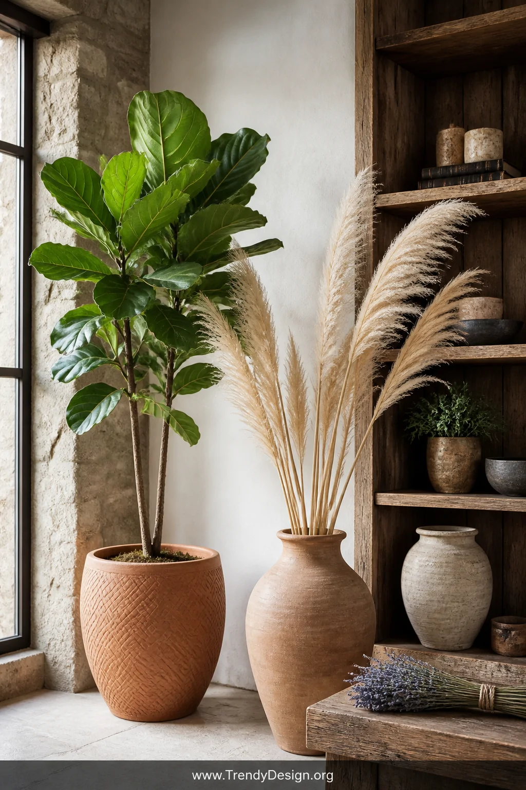 Medium photorealistic interior shot of a tall fiddle leaf fig in a textured terracotta pot standing beside a reclaimed wooden