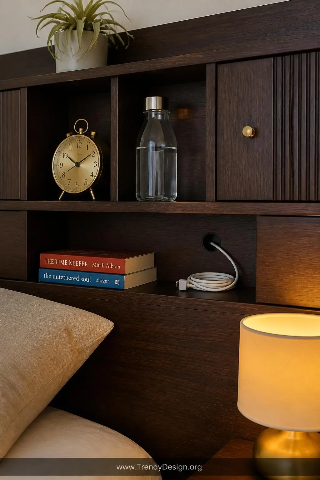Close-up photorealistic interior design shot of a dark espresso wood storage headboard with integrated open cubbies and small