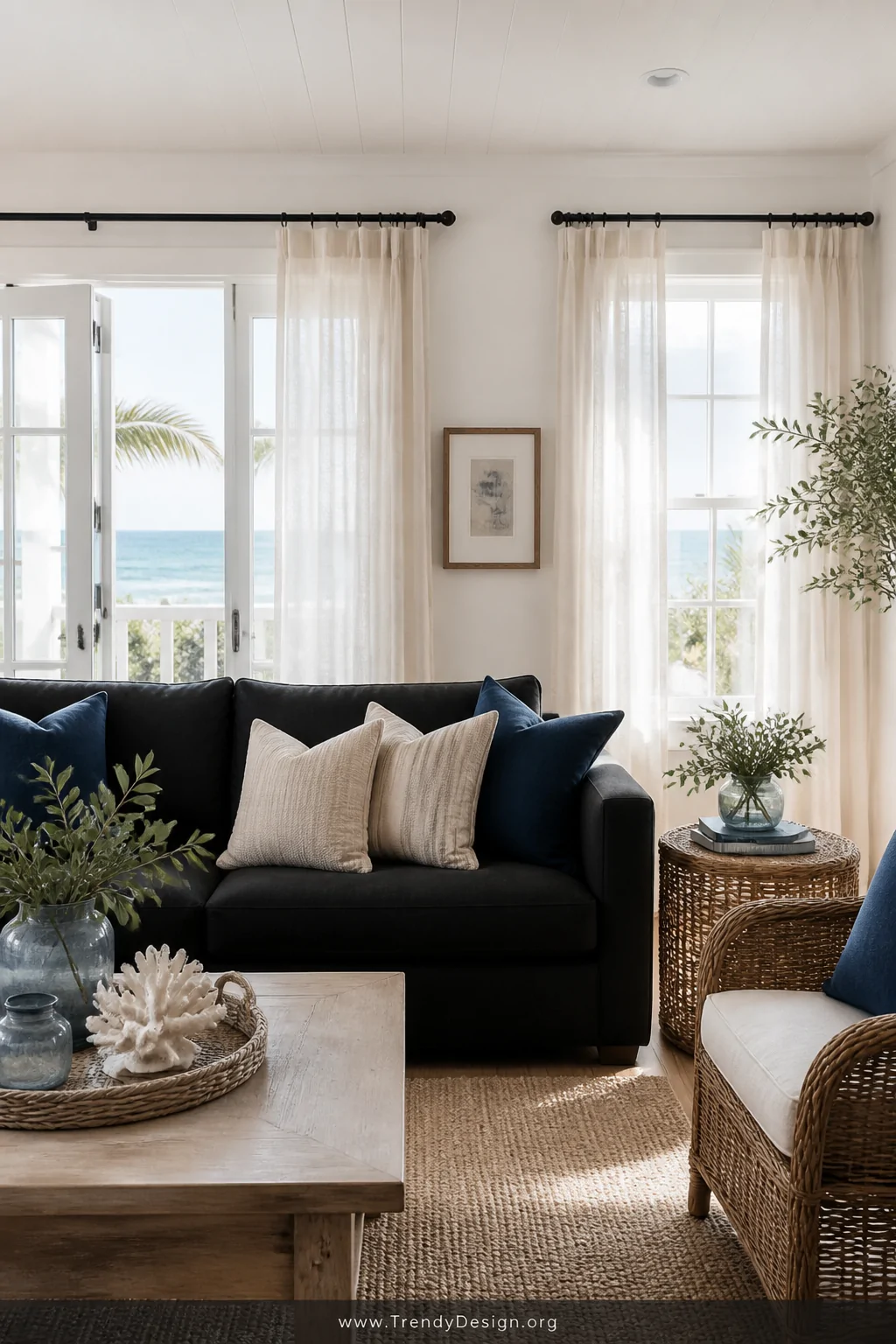 Medium shot of a coastal living room with a black sofa anchoring the center of the space, surrounded by white-painted walls, 