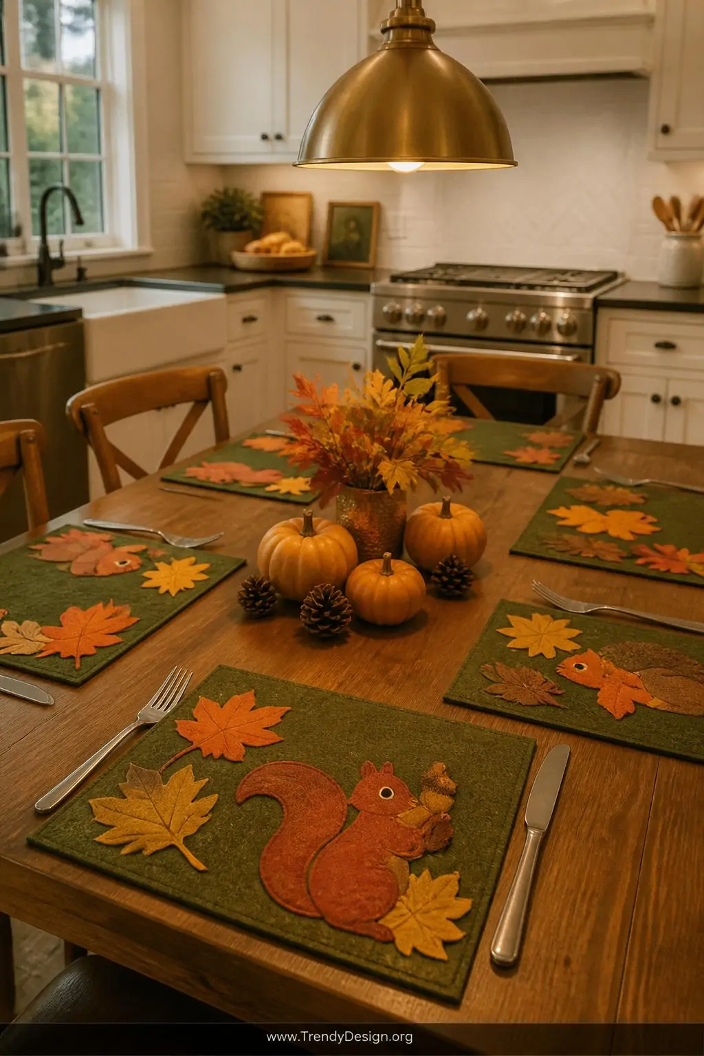 Medium shot of a cheerful kitchen table set with no-sew felt appliqué placemats in deep olive green bases adorned with rust o