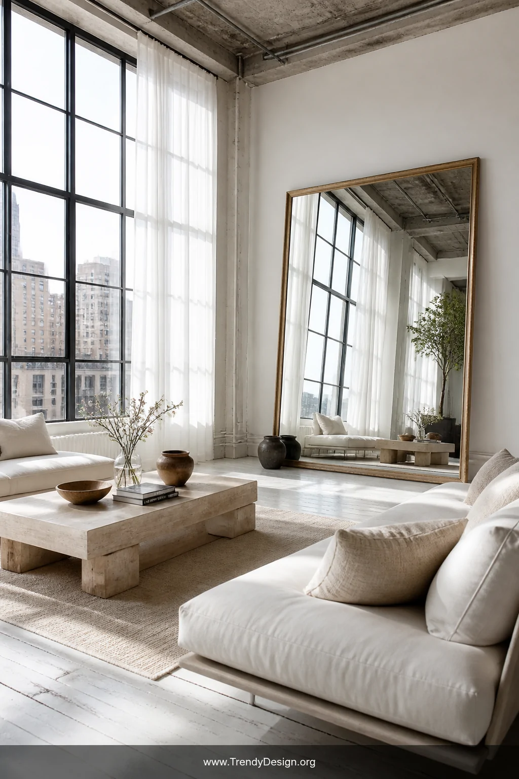 Wide photorealistic shot of a bright loft interior with floor-to-ceiling industrial windows flooding the room with natural li