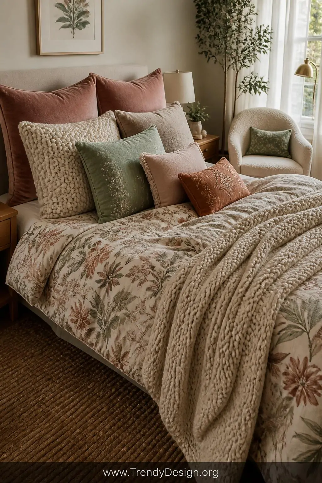 A photorealistic closeup medium shot of a teenage bedroom bed styled with an abundant layered textile arrangement   a large c