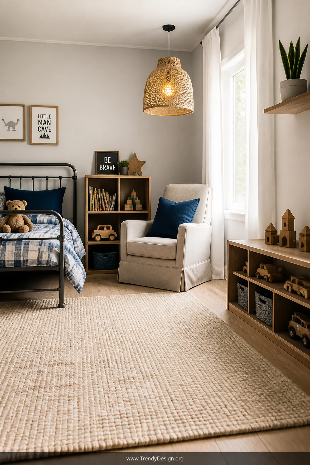 Wide photorealistic interior shot of a modern toddler boy room anchored by a large washable cotton rug in warm oatmeal on lig