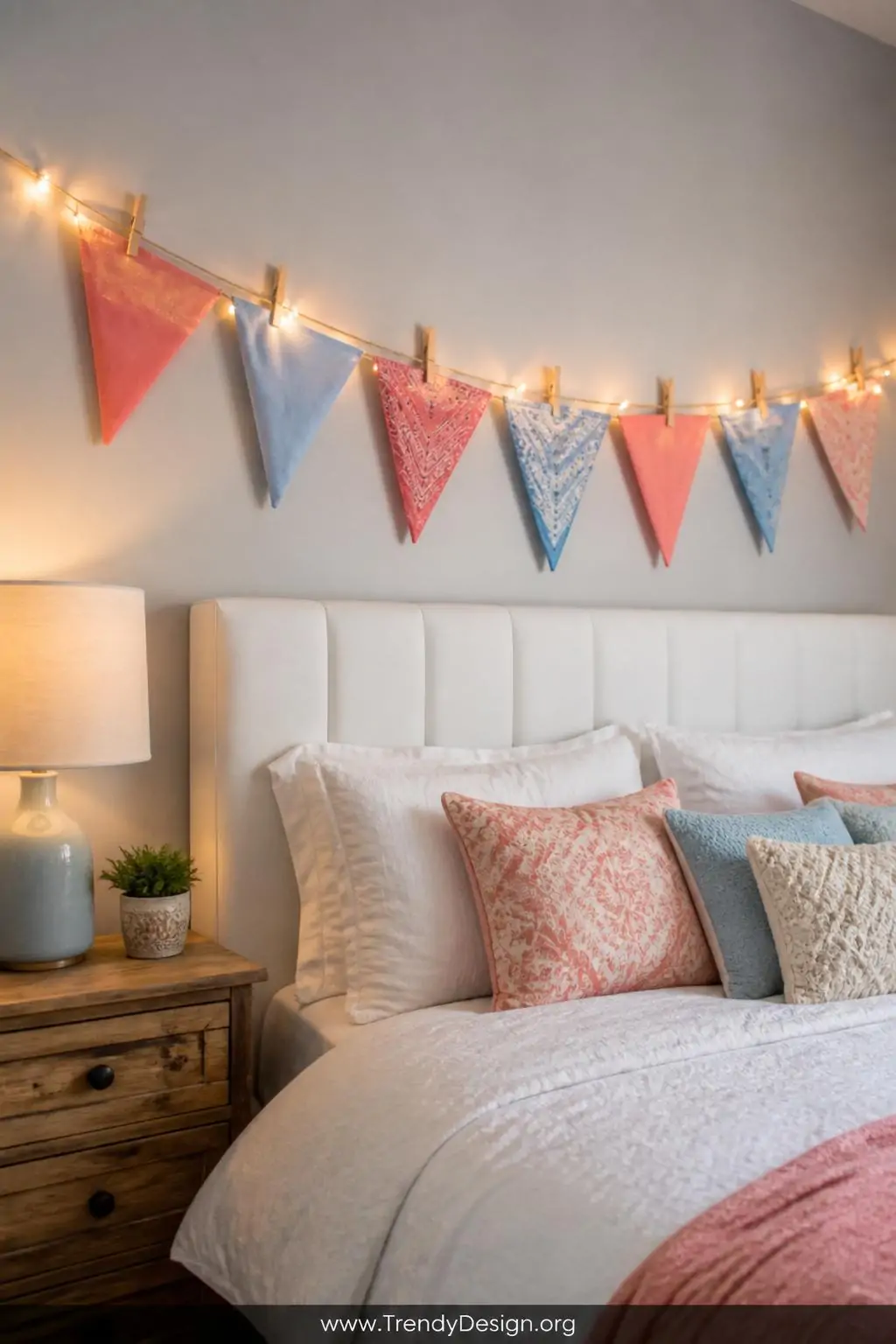 Wide shot of a cozy bedroom with colorful bandana bunting strung above a white upholstered headboard, triangular bandana flag