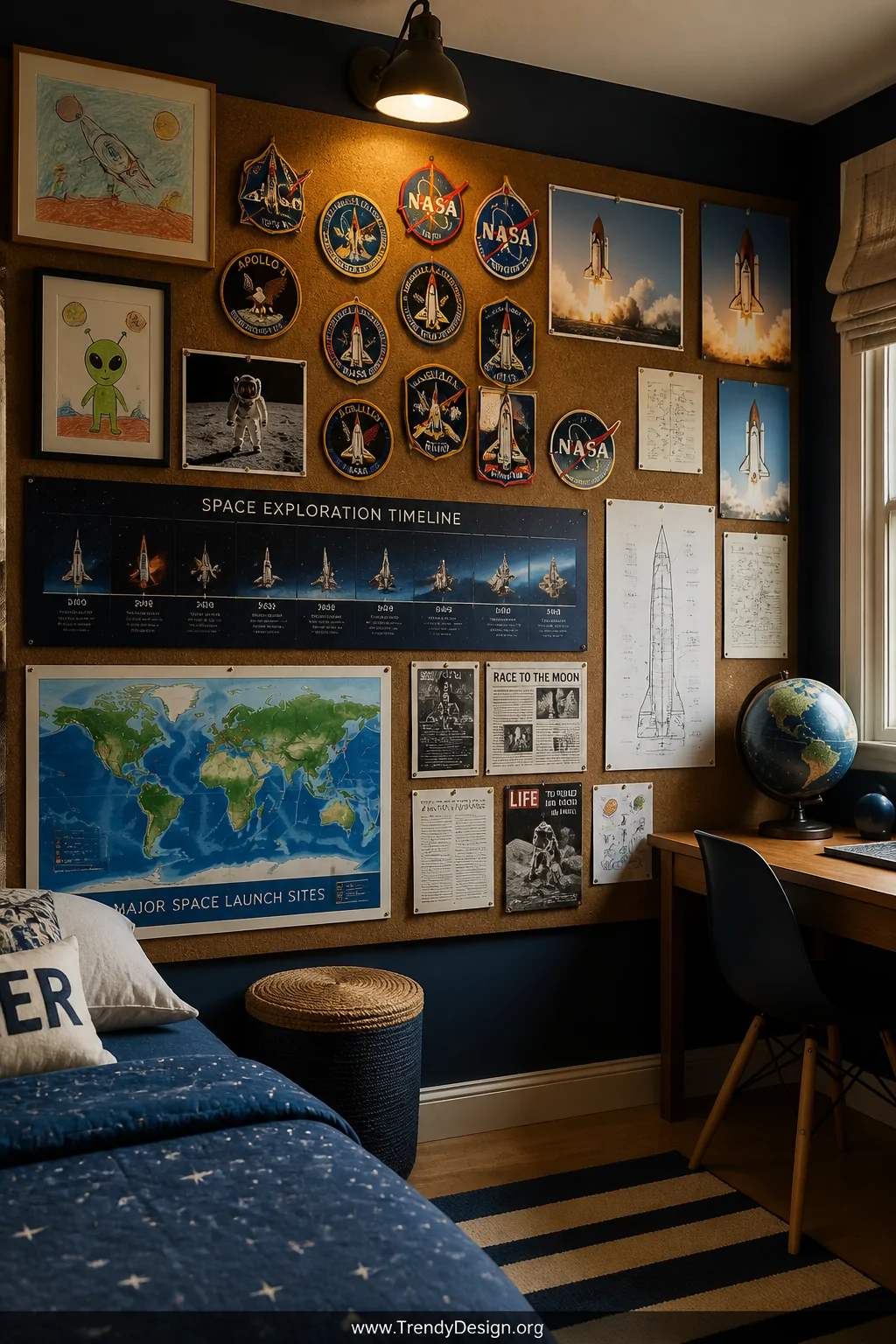 Medium photorealistic interior shot of a kids bedroom interactive learning wall featuring a large corkboard surface densely l
