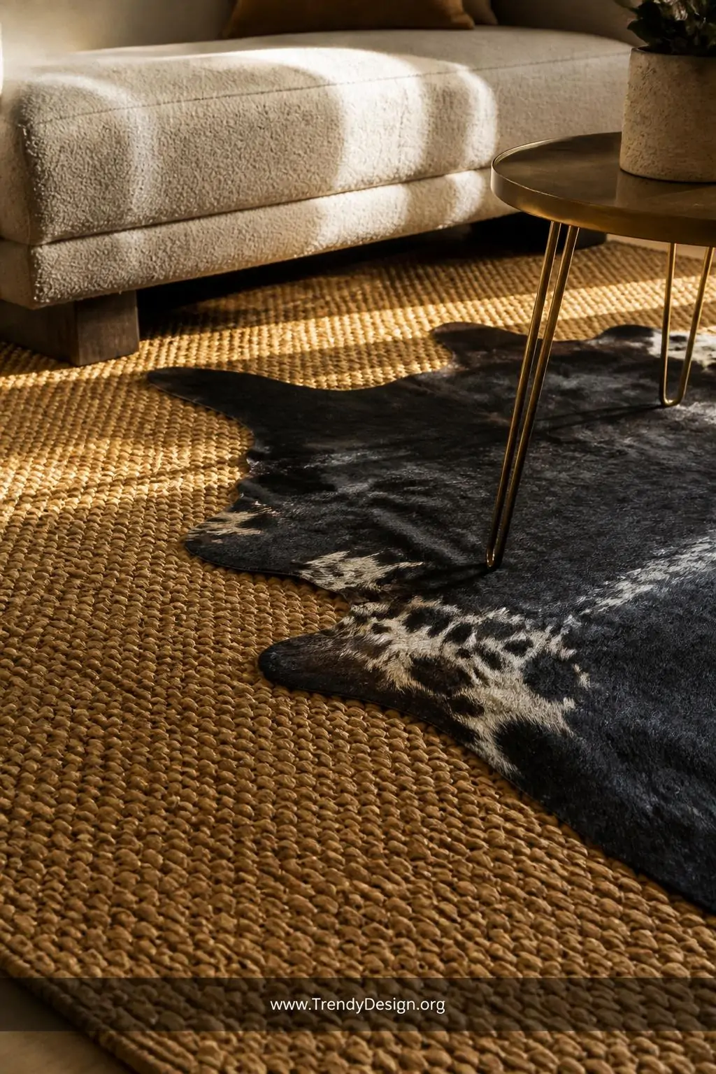 A closeup-to-medium photorealistic living room layering shot showing a smaller black cowhide rug with bold natural markings o