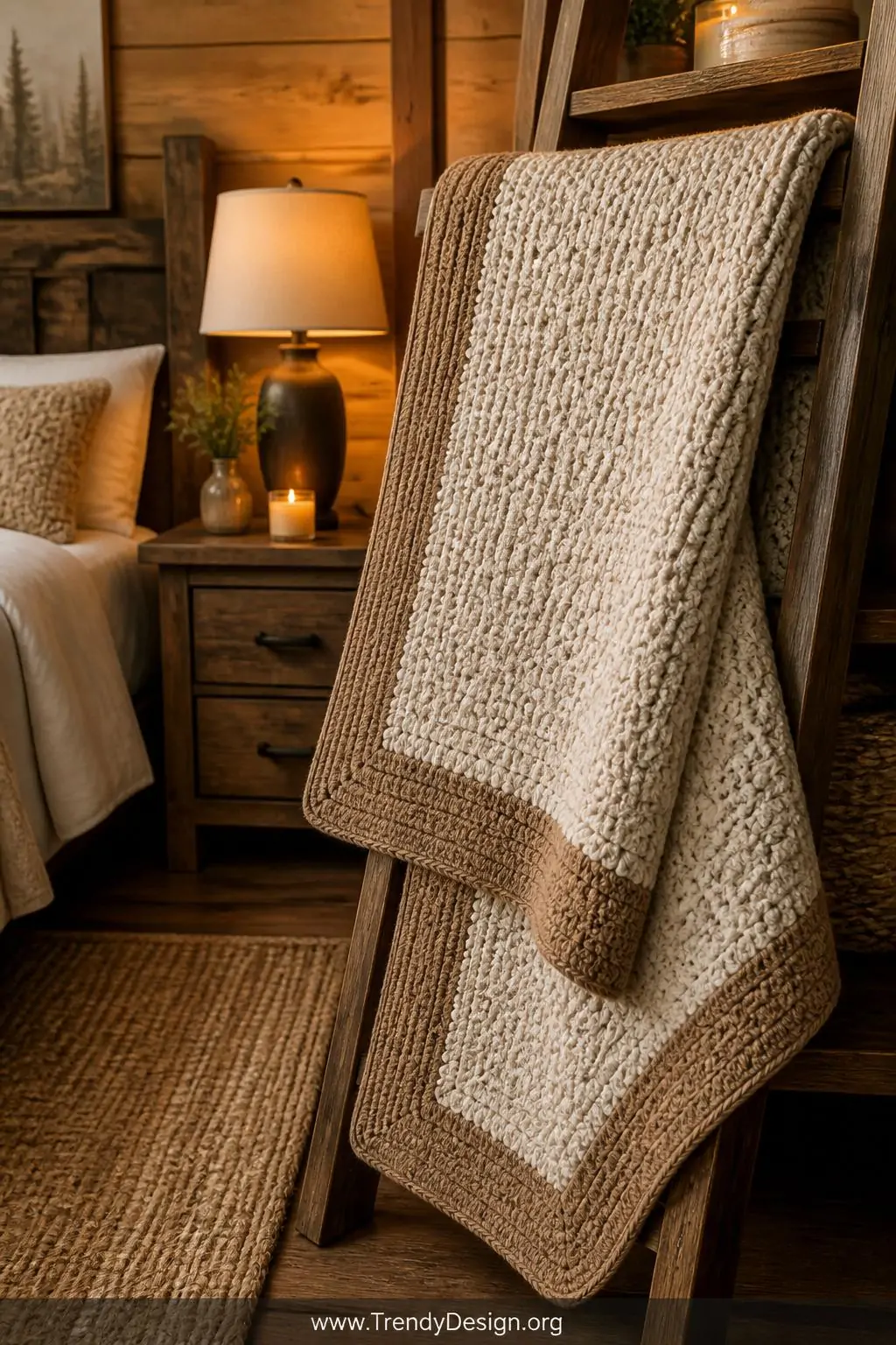 A wide photorealistic interior shot of a neutral-toned C2C blanket folded over a wooden ladder shelf in a rustic cabin-style 