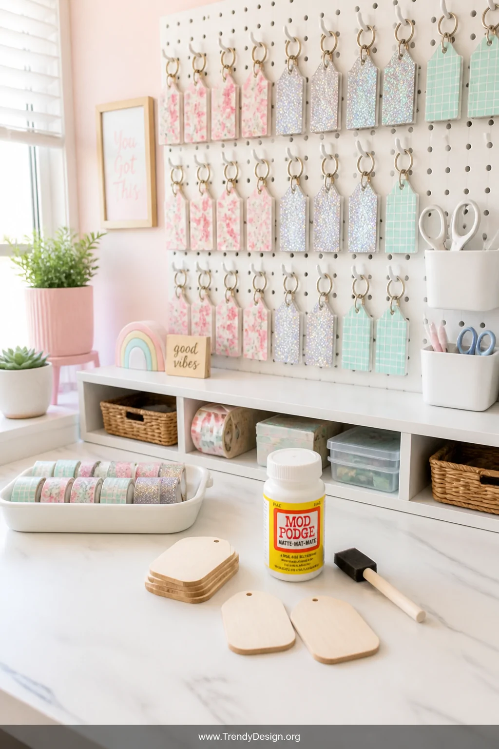 A cheerful pastel craft nook with a pegboard wall displaying rows of completed washi tape wrapped acrylic keychain blanks in 