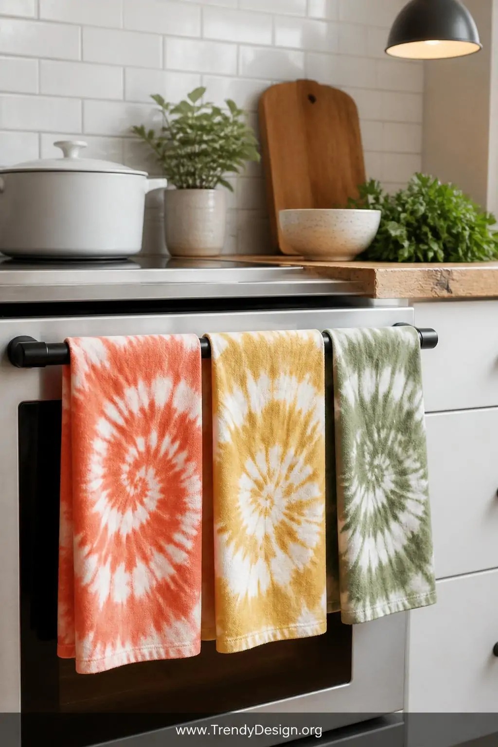 Closeup medium shot of a bright farmhouse kitchen with three neatly folded flour-sack tie dye tea towels in coordinating cora