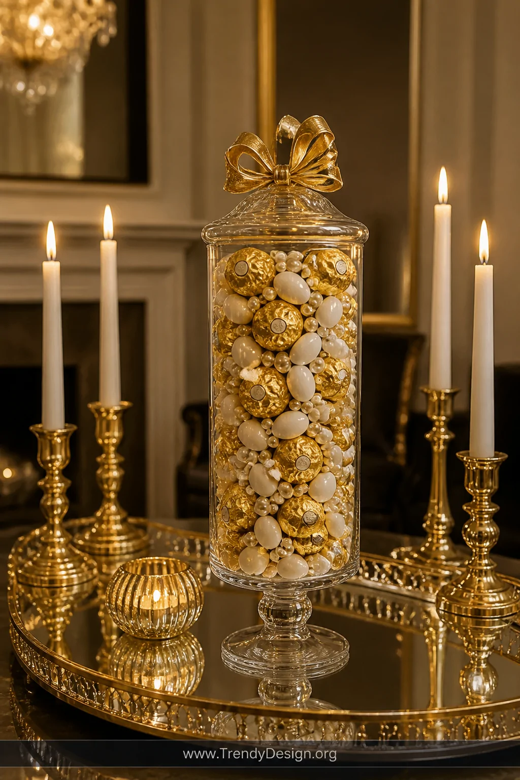 A medium shot of a tall elegant glass jar filled with gold Ferrero Rocher chocolates, white Jordan almonds, and pearl candy s