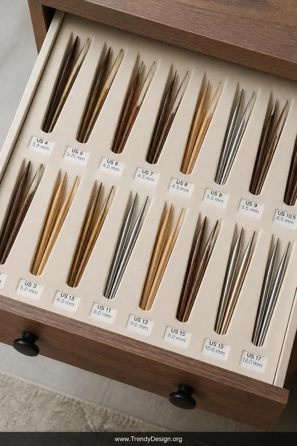 A closeup photorealistic overhead shot of an open drawer fitted with a custom cream foam board insert, narrow angled slots cu