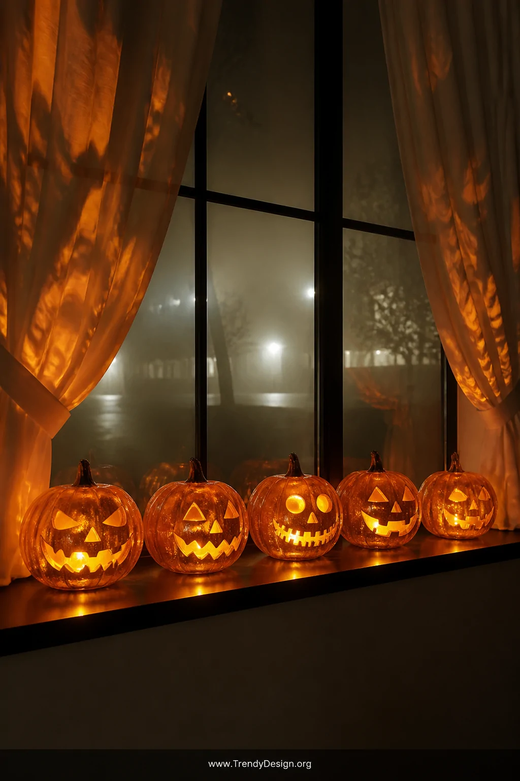 Wide shot of five orange translucent resin pumpkin lanterns lined along a dark windowsill at night, each carved with jack-o-l
