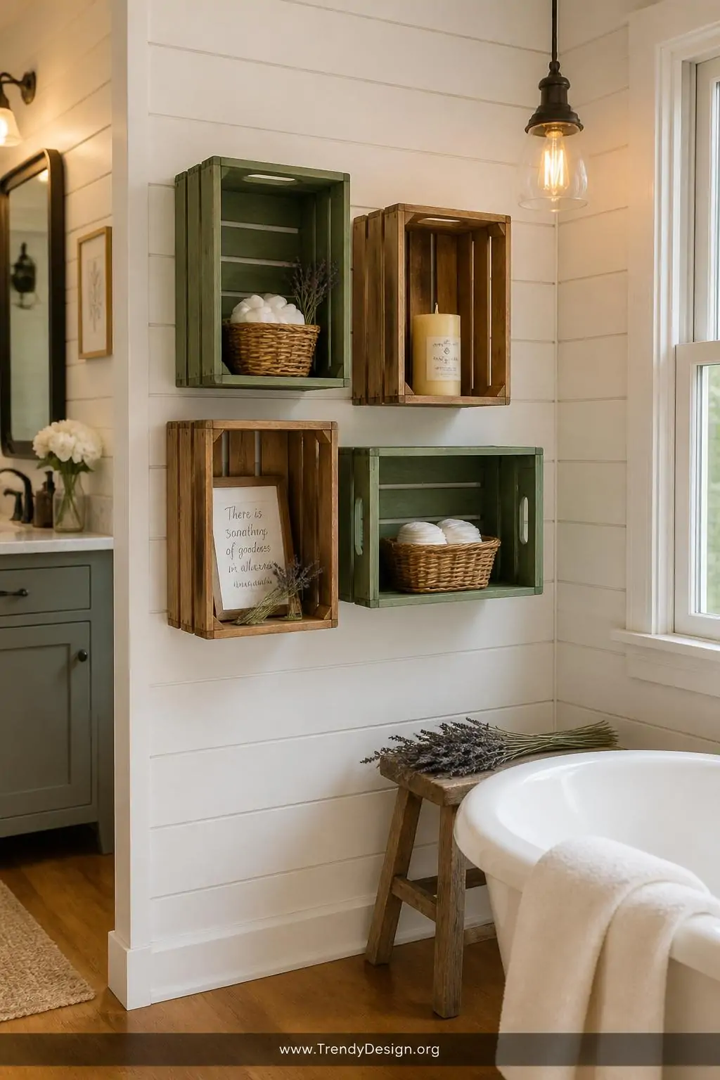 A wide-angle photorealistic interior design shot of a farmhouse-style bathroom with shiplap white walls and warm honey-toned 