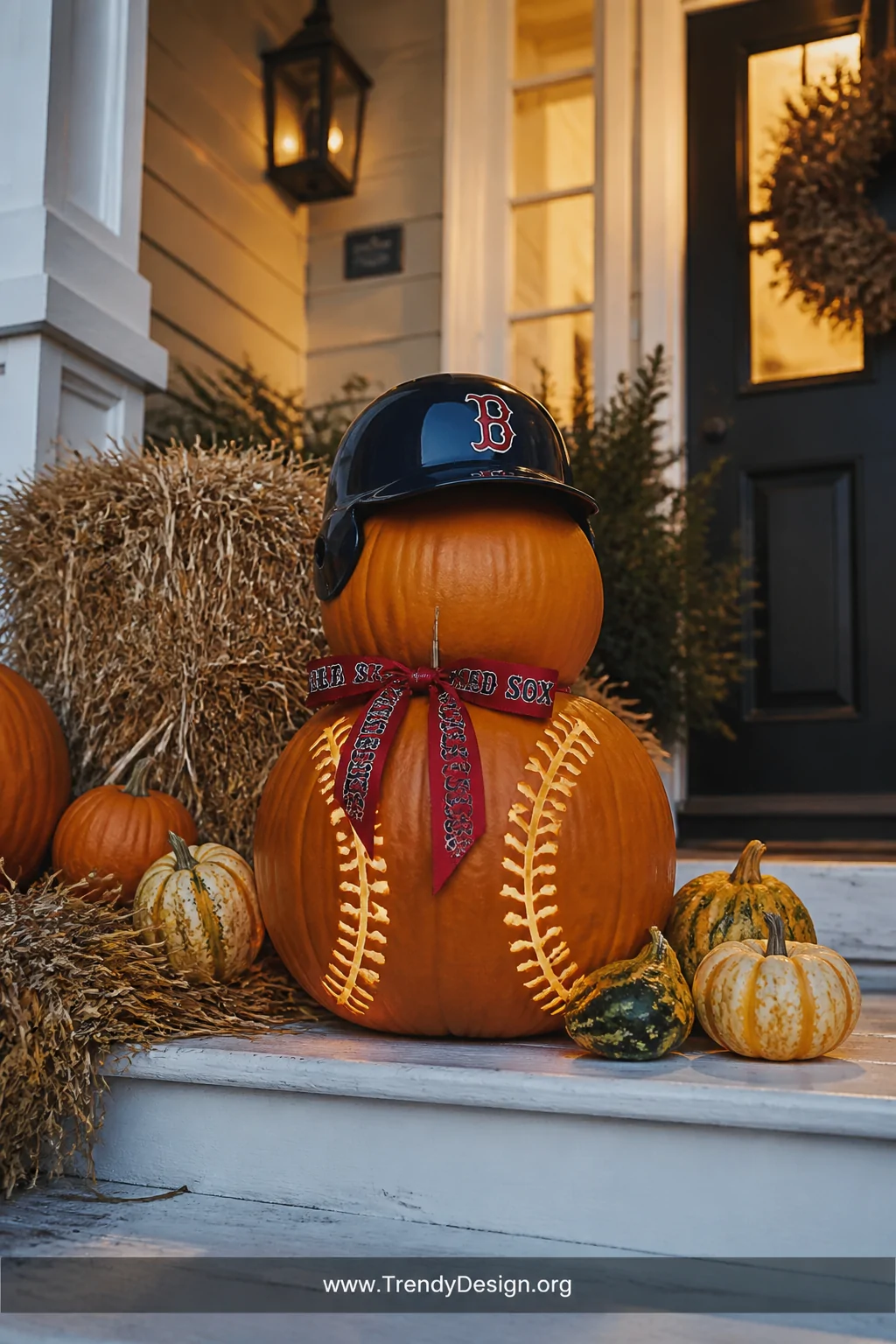 A wide warm-toned front porch shot at dusk showing two stacked pumpkins of different sizes on a painted white wooden step, a 