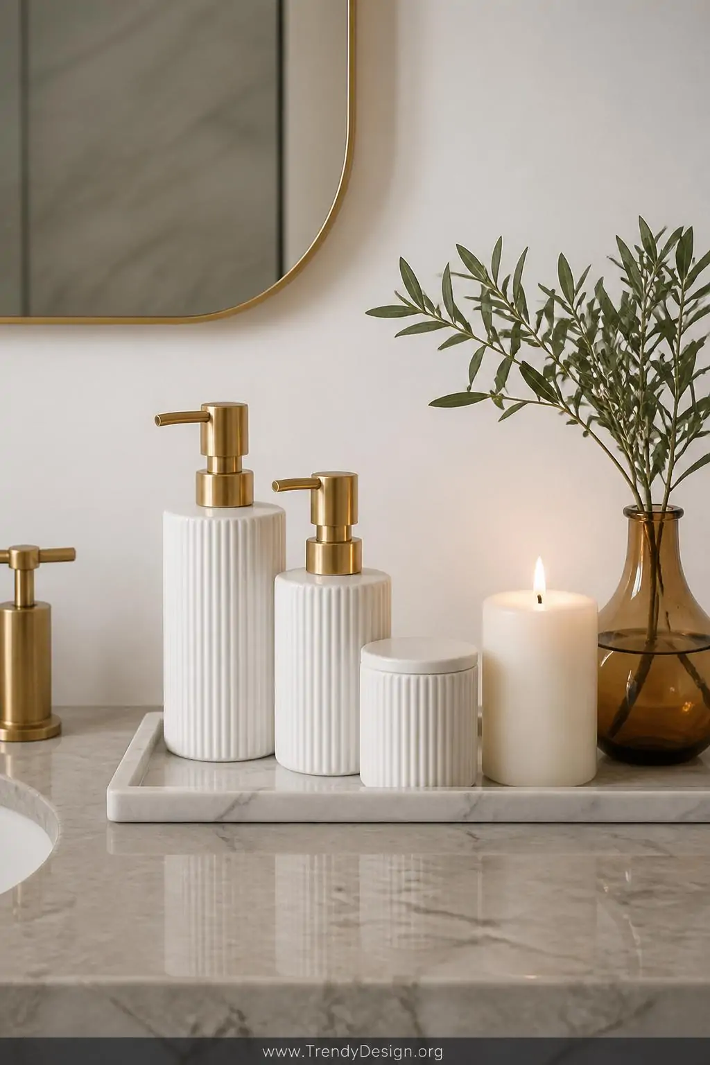 An impeccably styled bathroom counter featuring a trio of white ceramic dispensers on a rectangular marble tray, a single whi