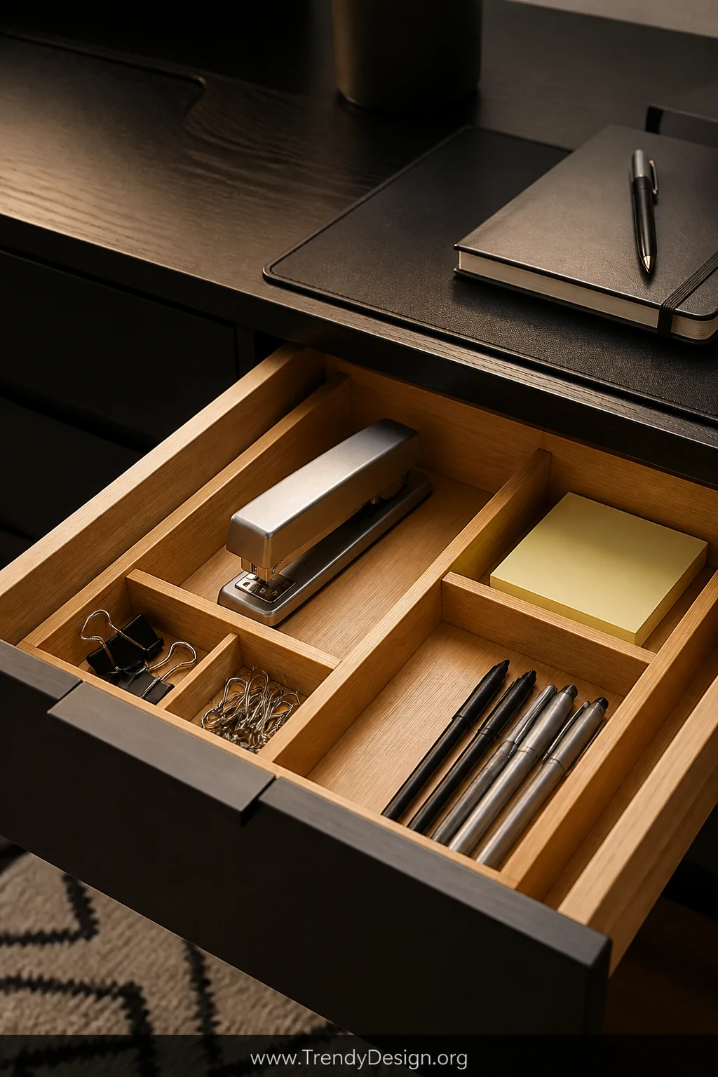 Closeup detail shot of an open desk drawer with a fitted bamboo organizer insert, each section holding a specific item includ