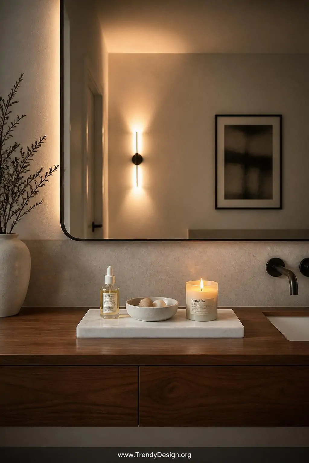 Medium photorealistic shot of a thoughtfully composed minimalist bathroom morning ritual corner, a white marble-effect tray c