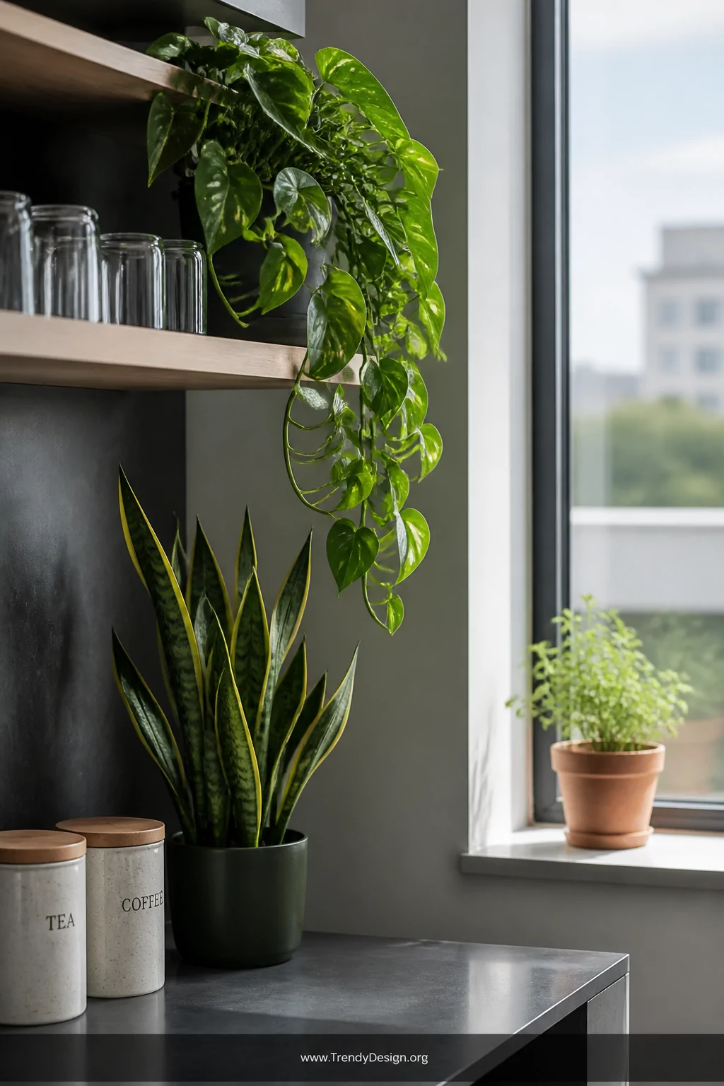 Detail closeup photorealistic shot of a high office pantry shelf with a lush trailing pothos draping elegantly over the edge,