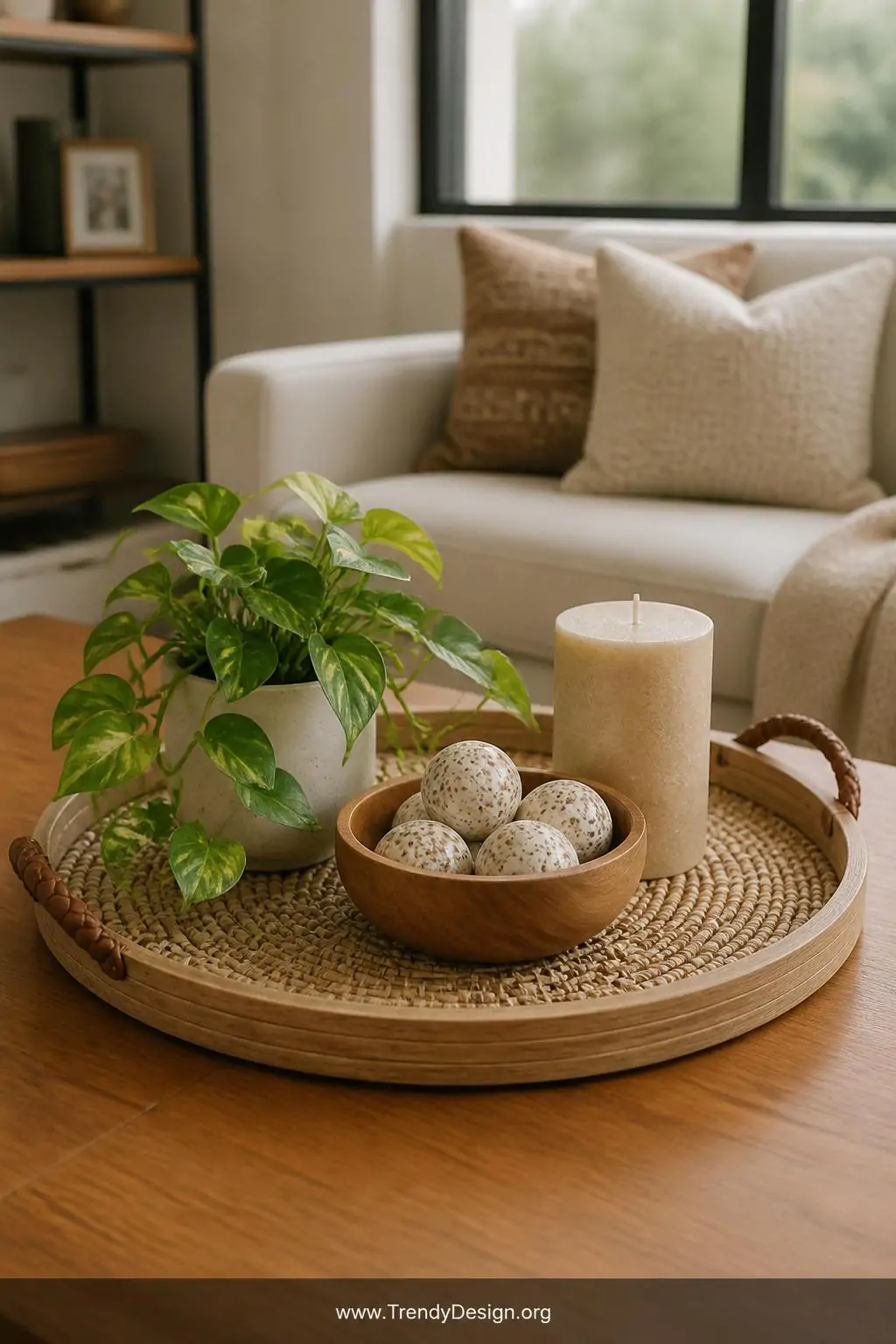 Medium shot of a large circular woven rattan-style placemat tray edged with a thin natural wood ring frame and fitted with tw