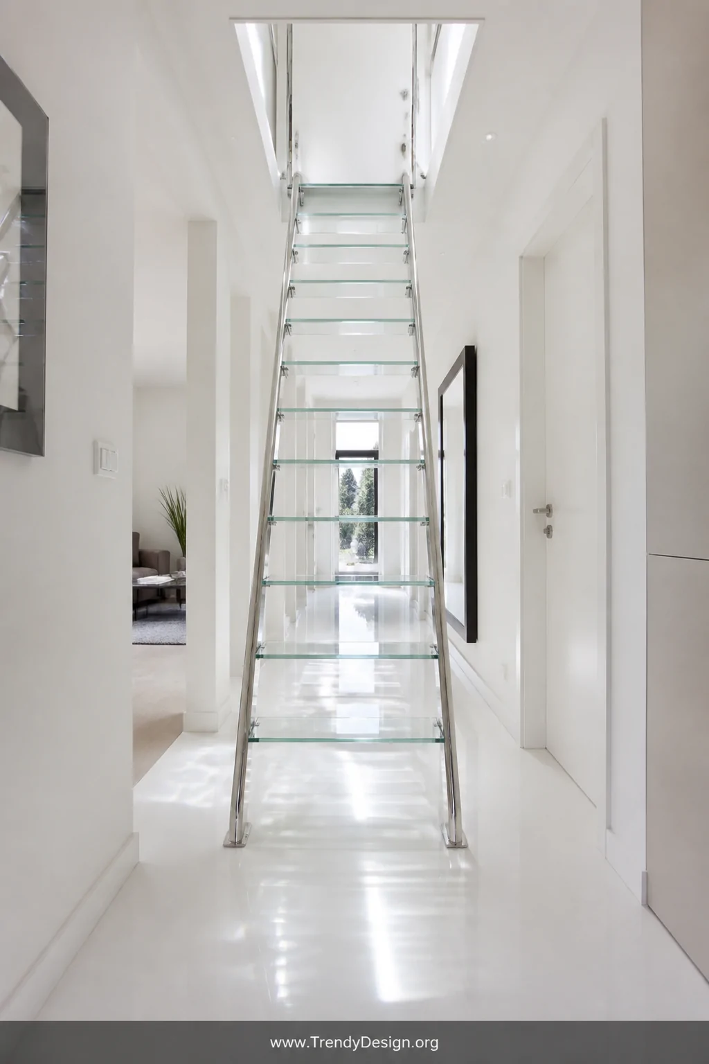 Medium photorealistic interior shot of a sleek minimalist hallway with a floating attic ladder composed of transparent temper