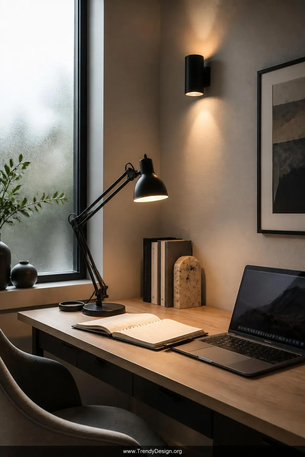 Medium photorealistic interior shot of a small home office corner demonstrating layered lighting design, with a sleek adjusta
