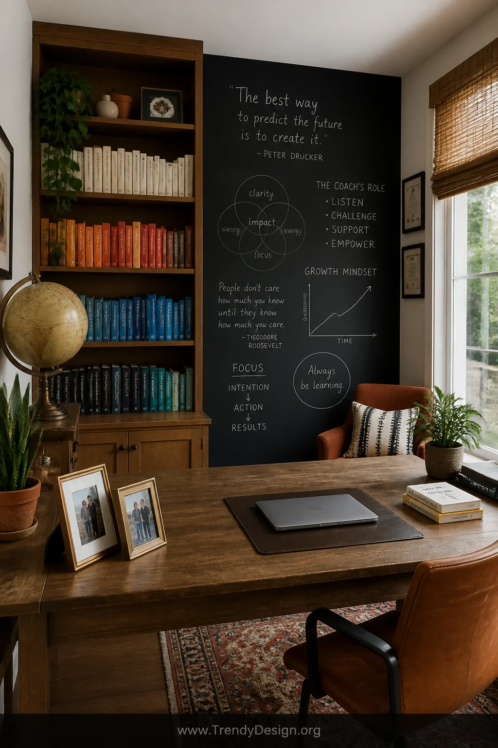 Wide-angle photorealistic shot of a warmly personalized coaching office showing a visible curated bookshelf with color-organi
