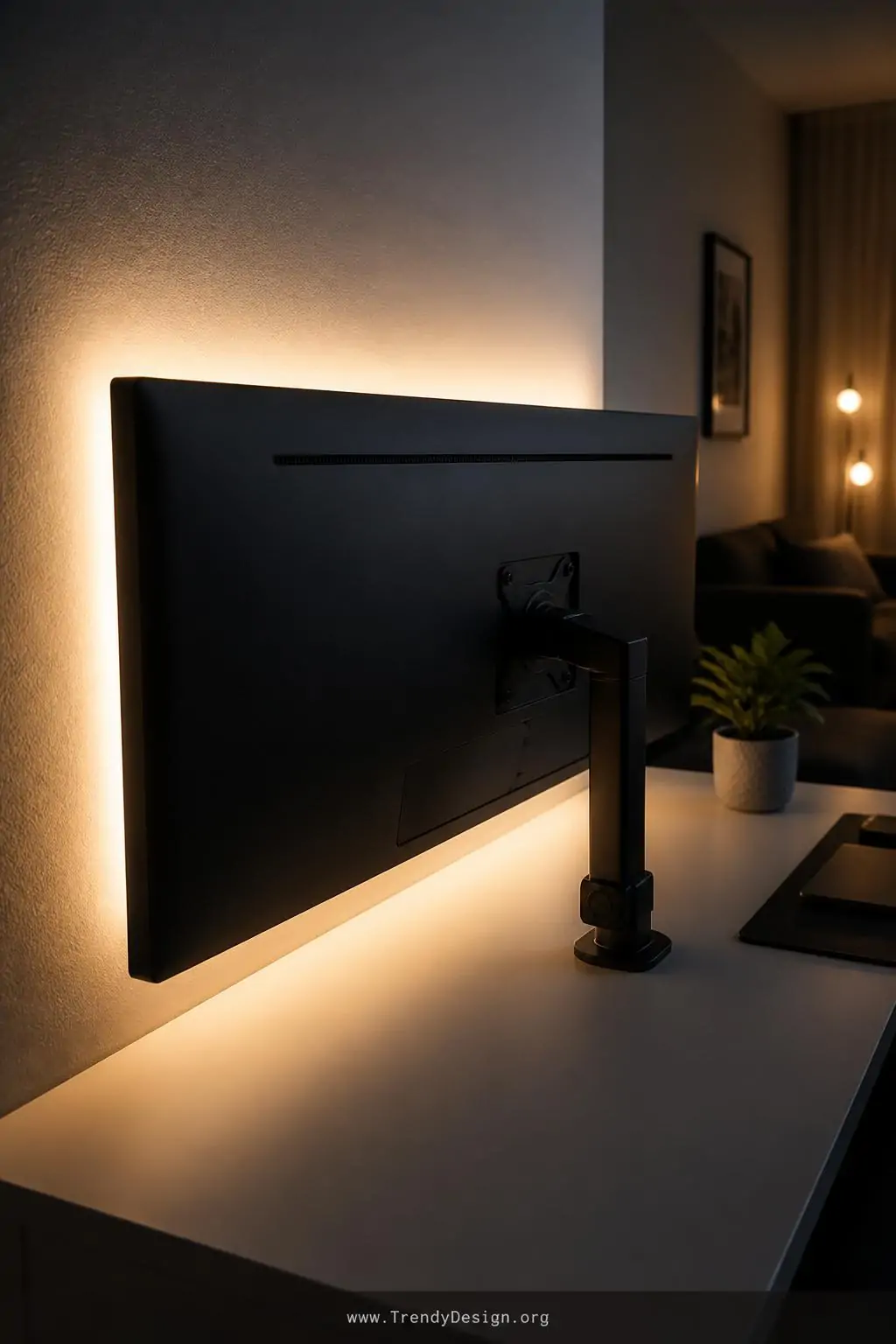 Closeup shot of the back of a widescreen monitor mounted on a white desk, a warm white LED bias lighting strip glowing softly