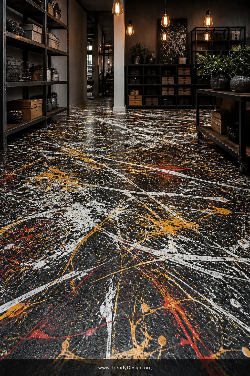 Medium photorealistic interior shot of an abstract splatter-painted OSB floor with a black base coat layered with energetic f