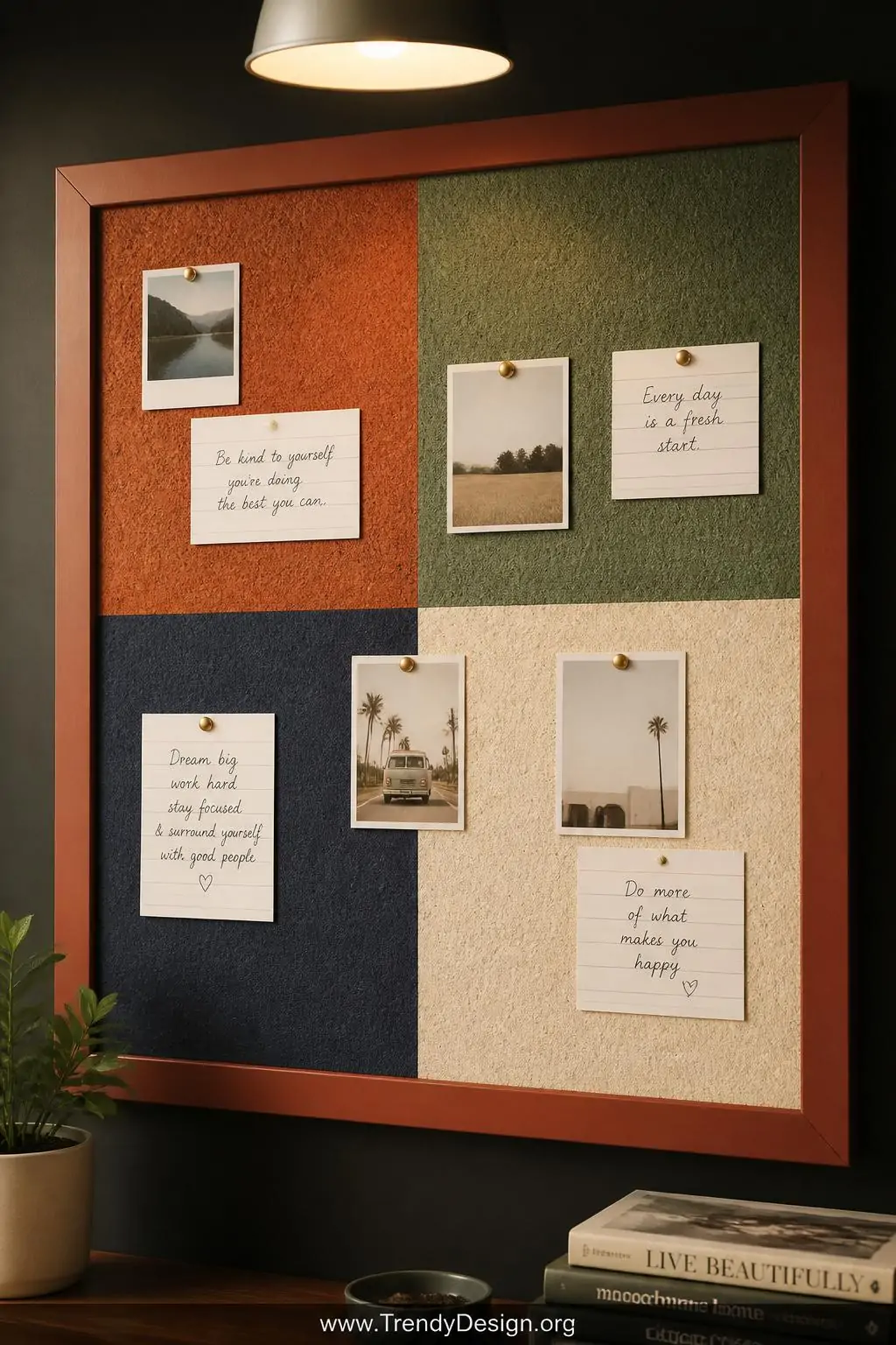 A closeup photorealistic interior design image of a colorblocked cork board makeover divided by crisp painter-tape-straight l