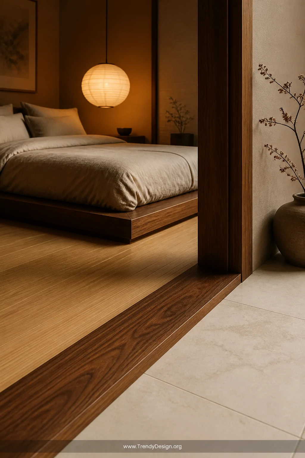 Medium shot of a Japandi-inspired bedroom threshold where a richly grained solid walnut wood transition strip connects pale b