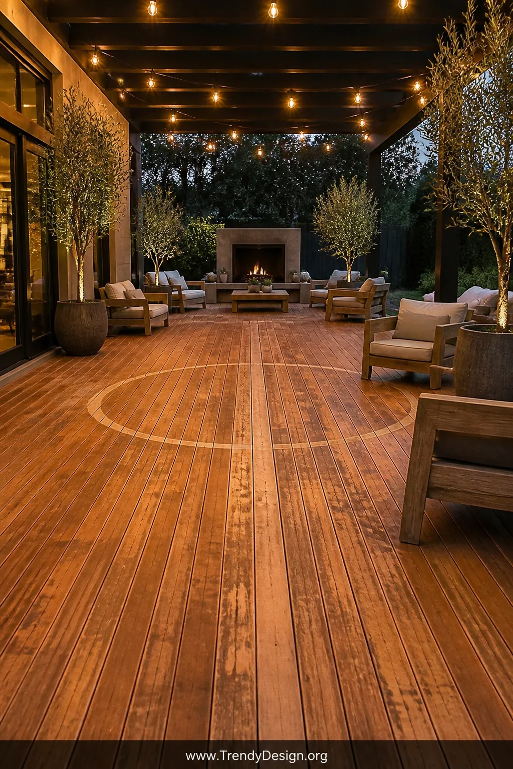 Wide covered outdoor deck shot with reclaimed basketball court maple planks laid as decking, a faded center court circle visi