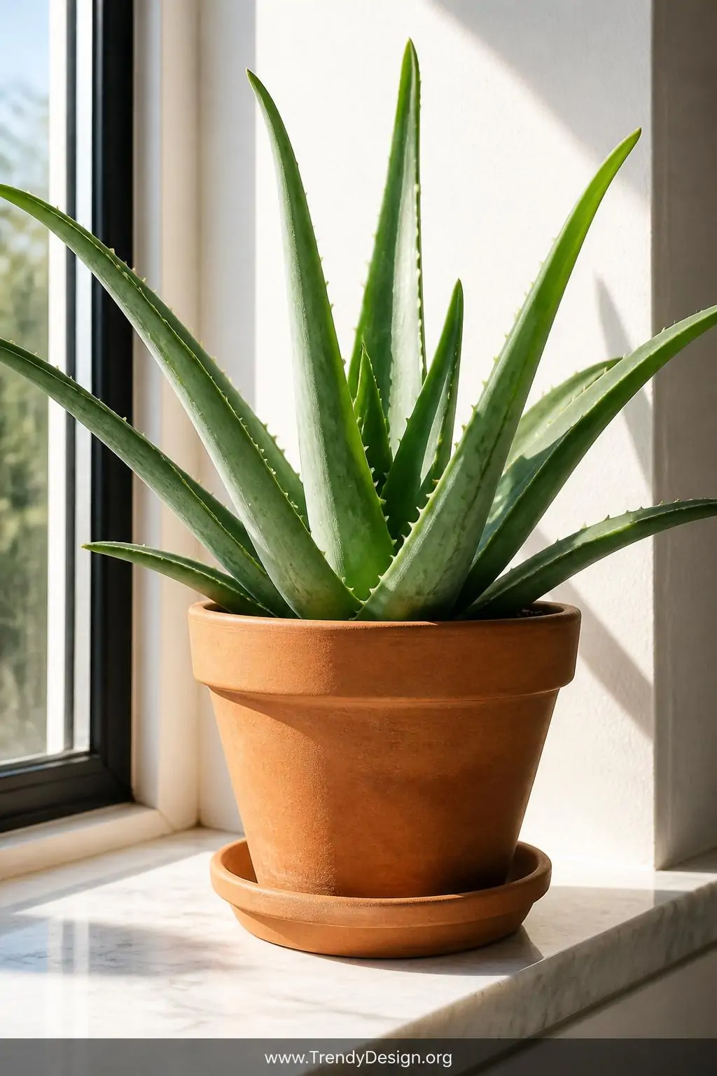 A closeup shot of a mature aloe vera plant in a classic terracotta pot positioned on a bright white marble windowsill, its th