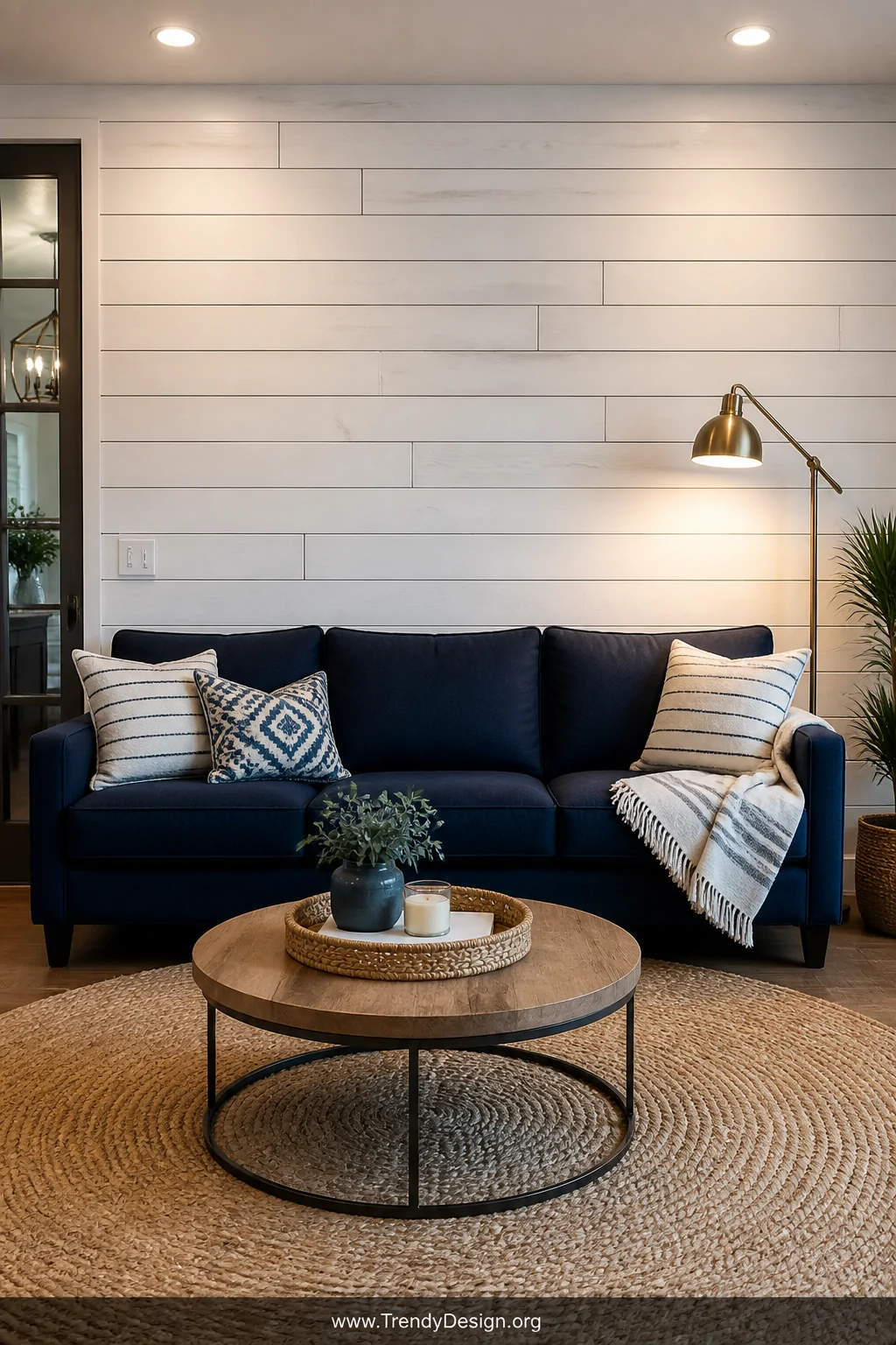 Wide-angle photorealistic living room featuring a dramatic white-painted shiplap wood plank accent wall covering the entire s