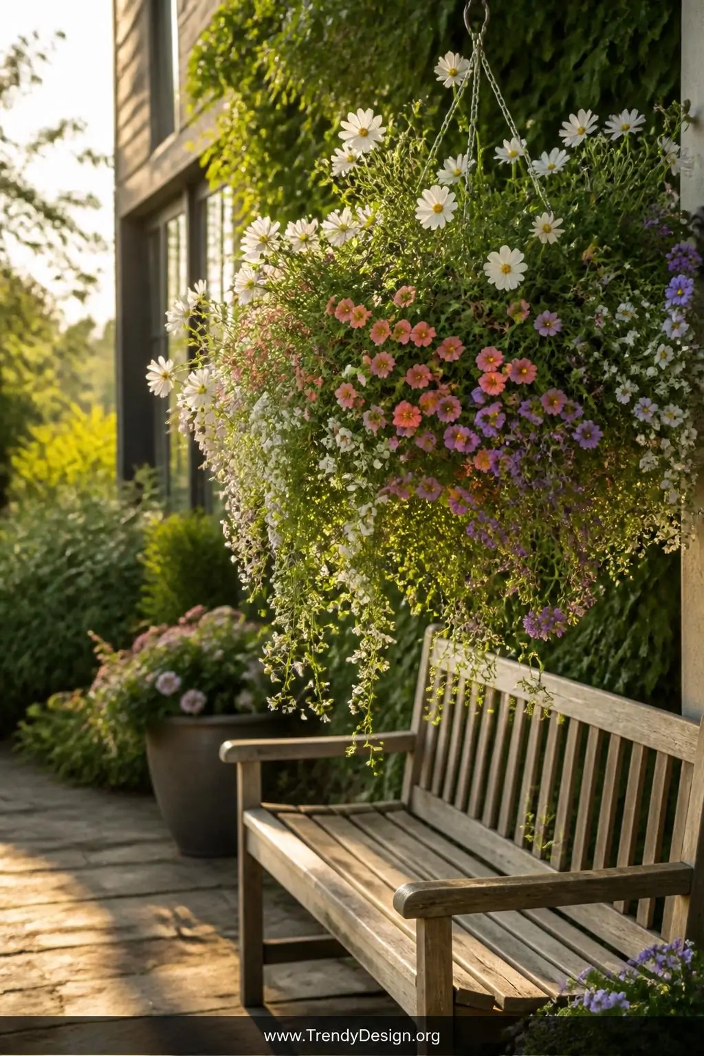 A wide-shot photorealistic outdoor scene of a relaxed garden patio with a naturalistic hanging basket spilling in cascading l
