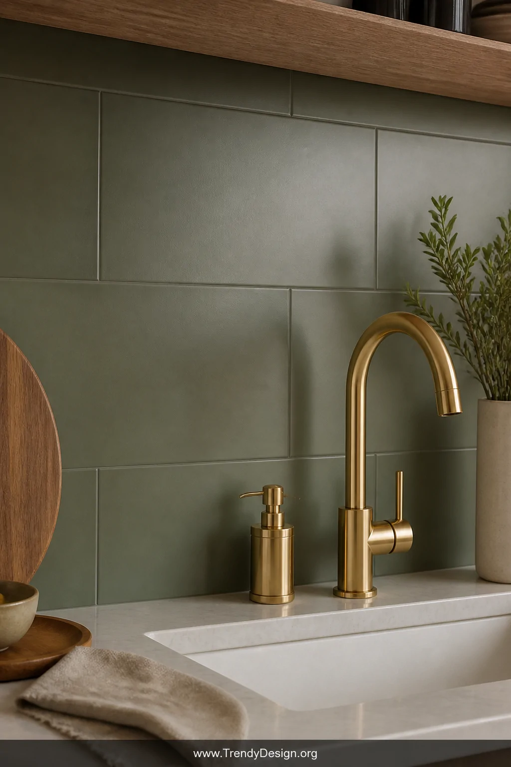 Closeup detail shot of a bold sage green solid-tone peel and stick backsplash tile installation above a kitchen counter style