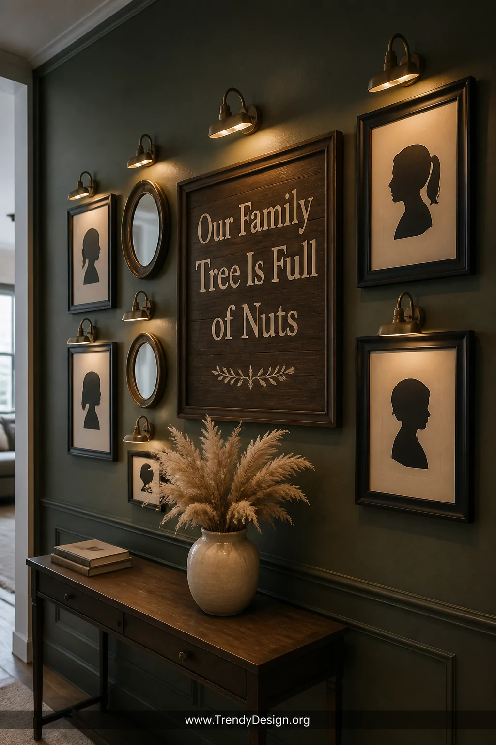 Medium shot of a warm hallway gallery wall anchored by a large dark walnut framed sign reading 
