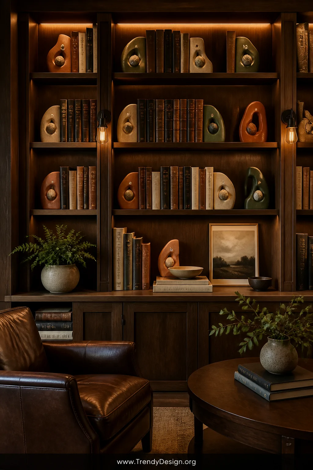 Wide room shot of a richly styled home library with dark walnut shelving holding rows of hardcover books anchored by chunky p