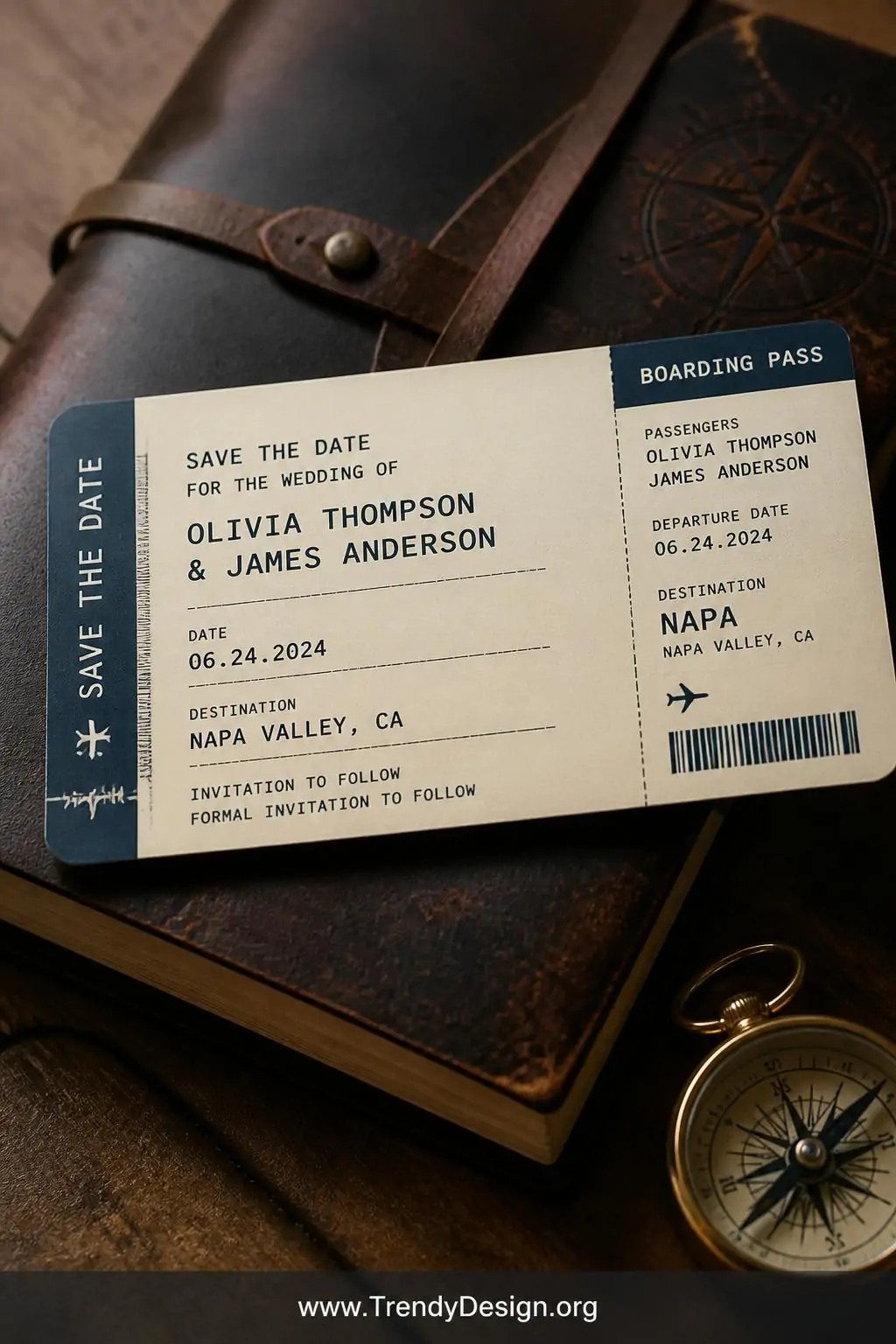 A closeup shot of a boarding pass style save the date magnet laying on a worn vintage leather travel journal beside a small b