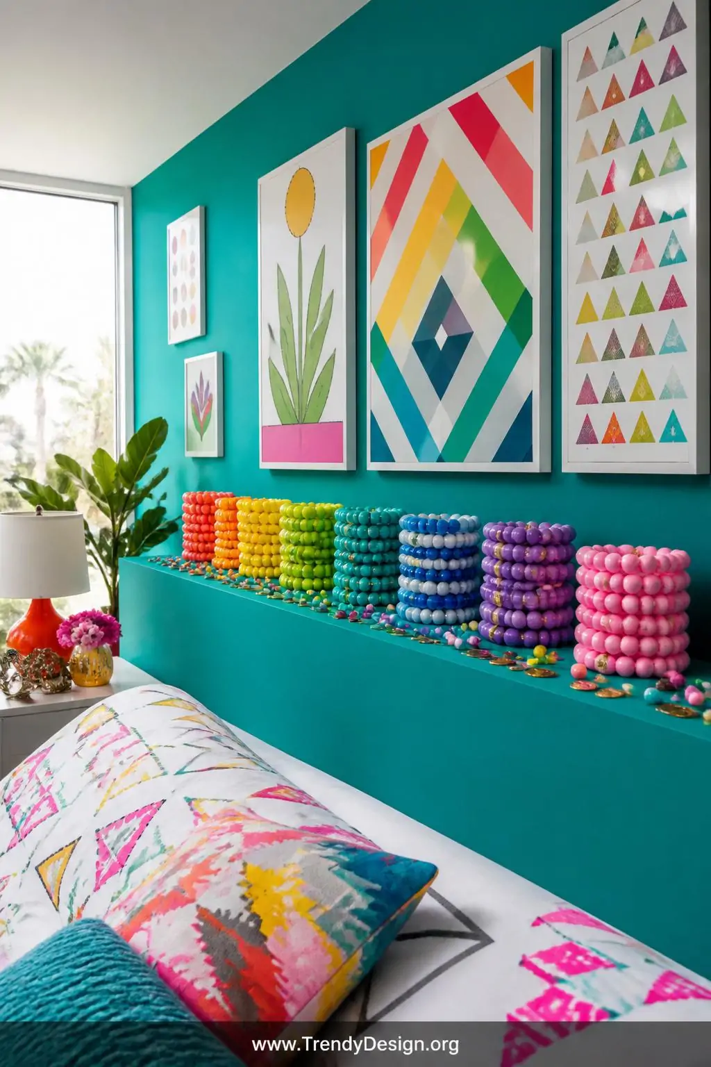 A bright maximalist bedroom with a vivid teal painted accent wall features a wide flat display shelf holding five stacked pon