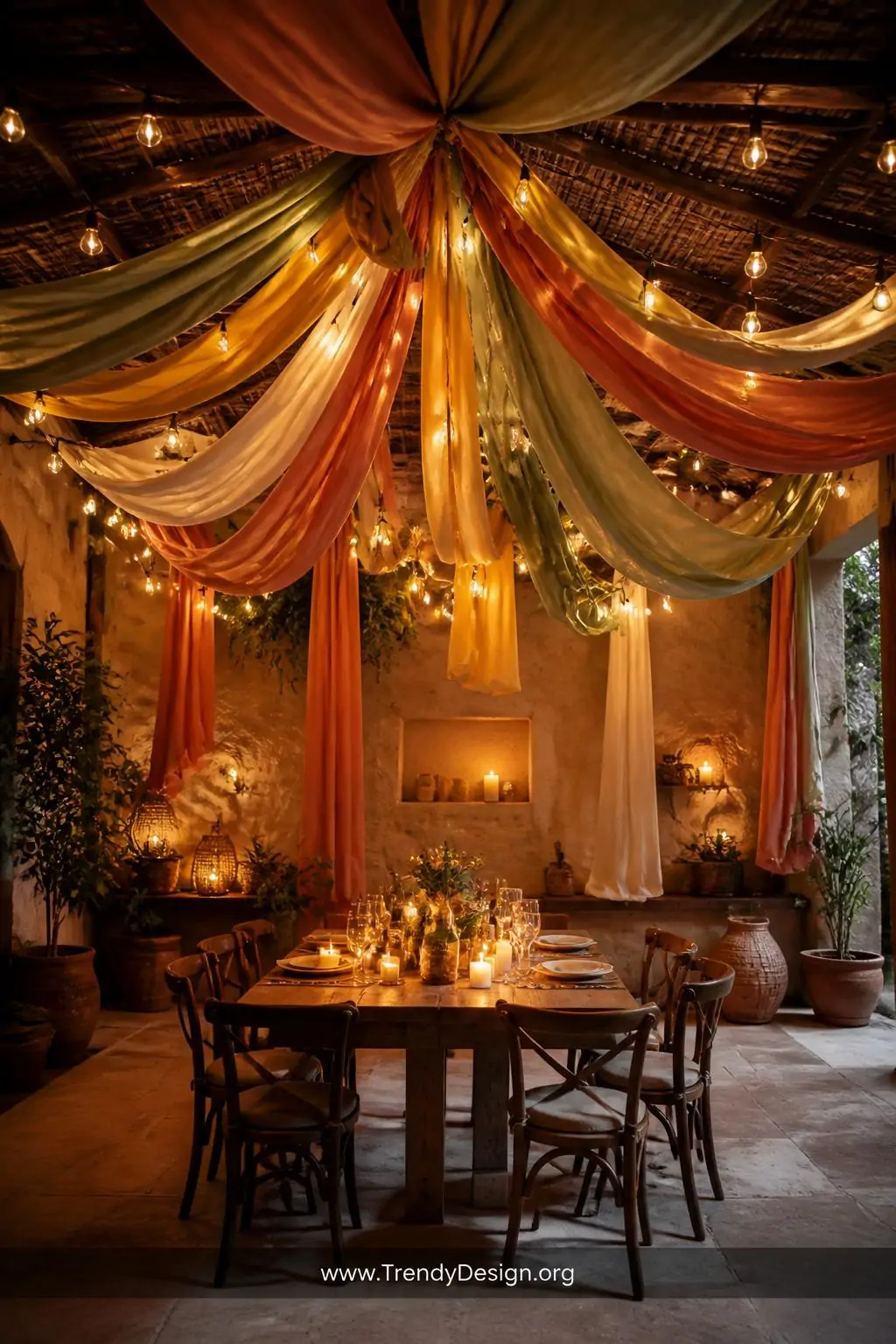 A wide-shot photorealistic interior design scene of a bohemian overhead canopy installation where loosely twisted lengths of 
