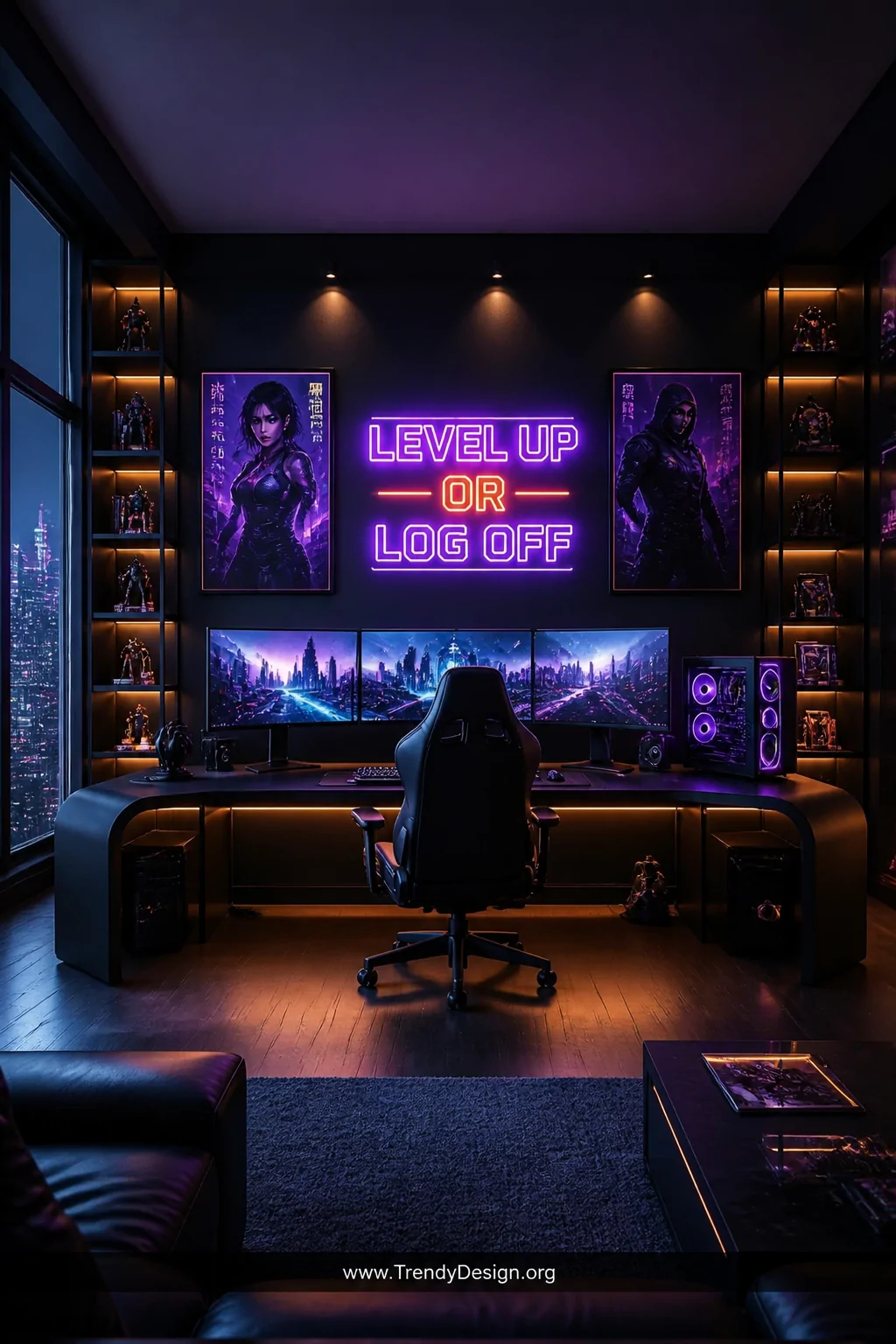 Wide photorealistic interior shot of a cohesive cyberpunk-themed gaming loft bathed in a three-color palette of deep navy, el
