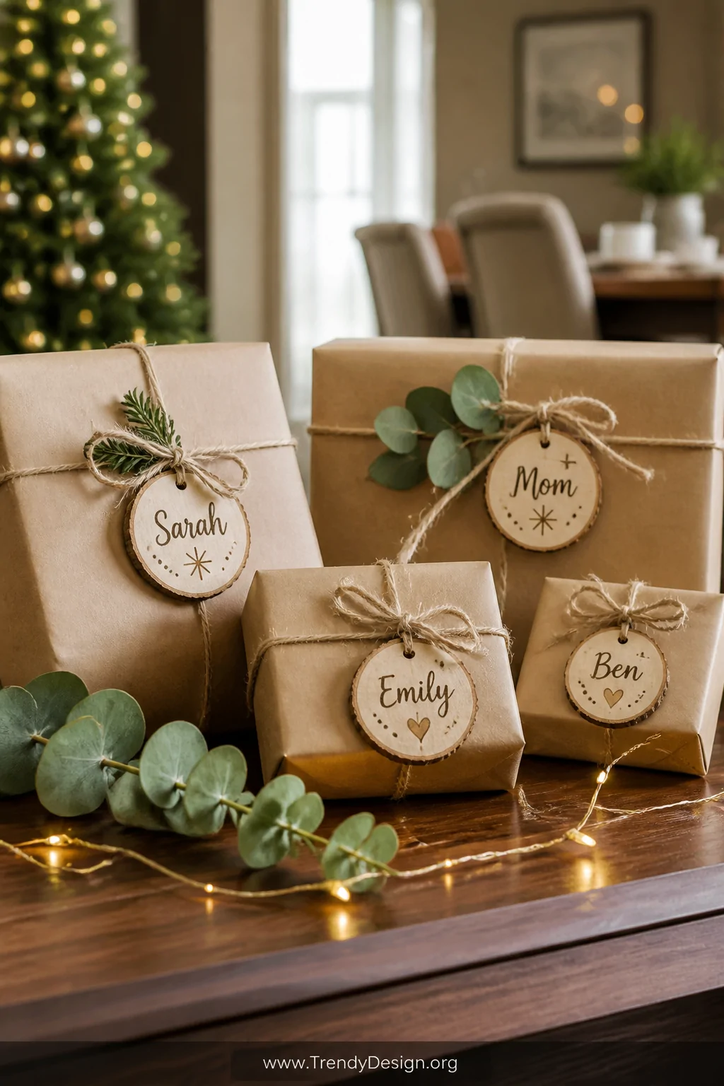 A festive holiday gift table with kraft paper wrapped presents tied in natural twine, each adorned with a small burned birch 