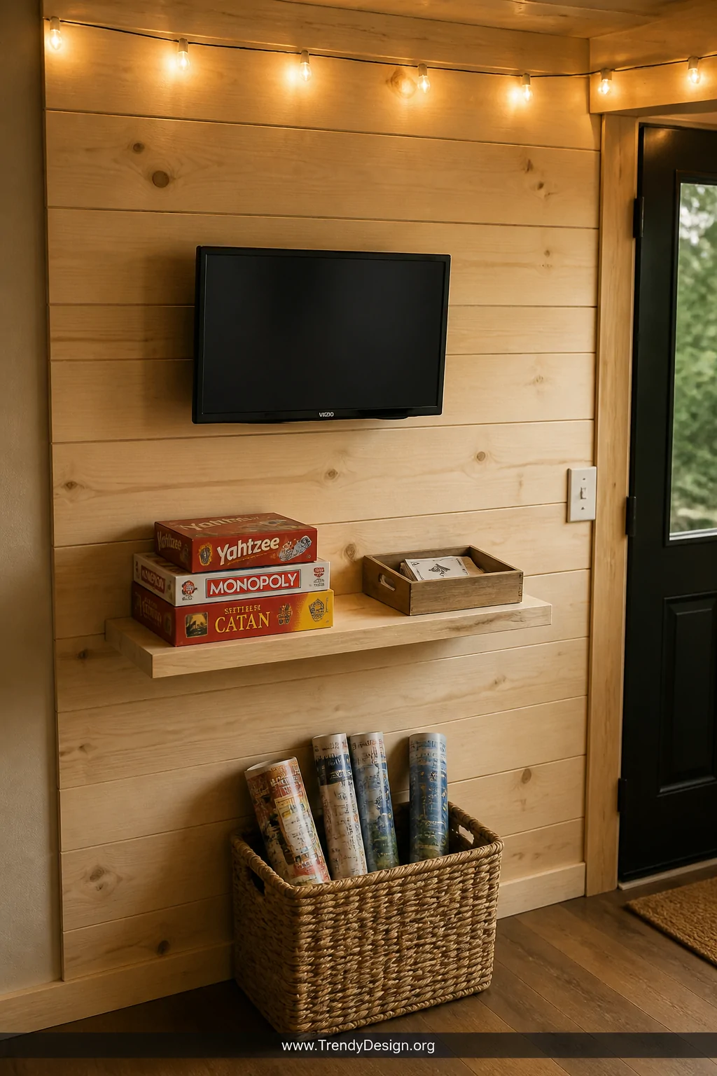 A small mounted flat screen on a shiplap pine wall above a shallow shelf holding travel board game boxes and a neat deck of c