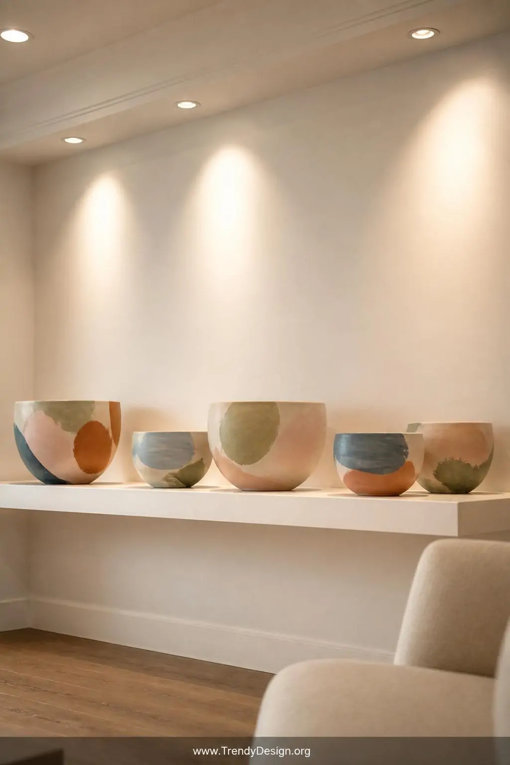 A wide shot of five painted abstract art clay bowls grouped in an asymmetric arrangement along a white painted floating shelf