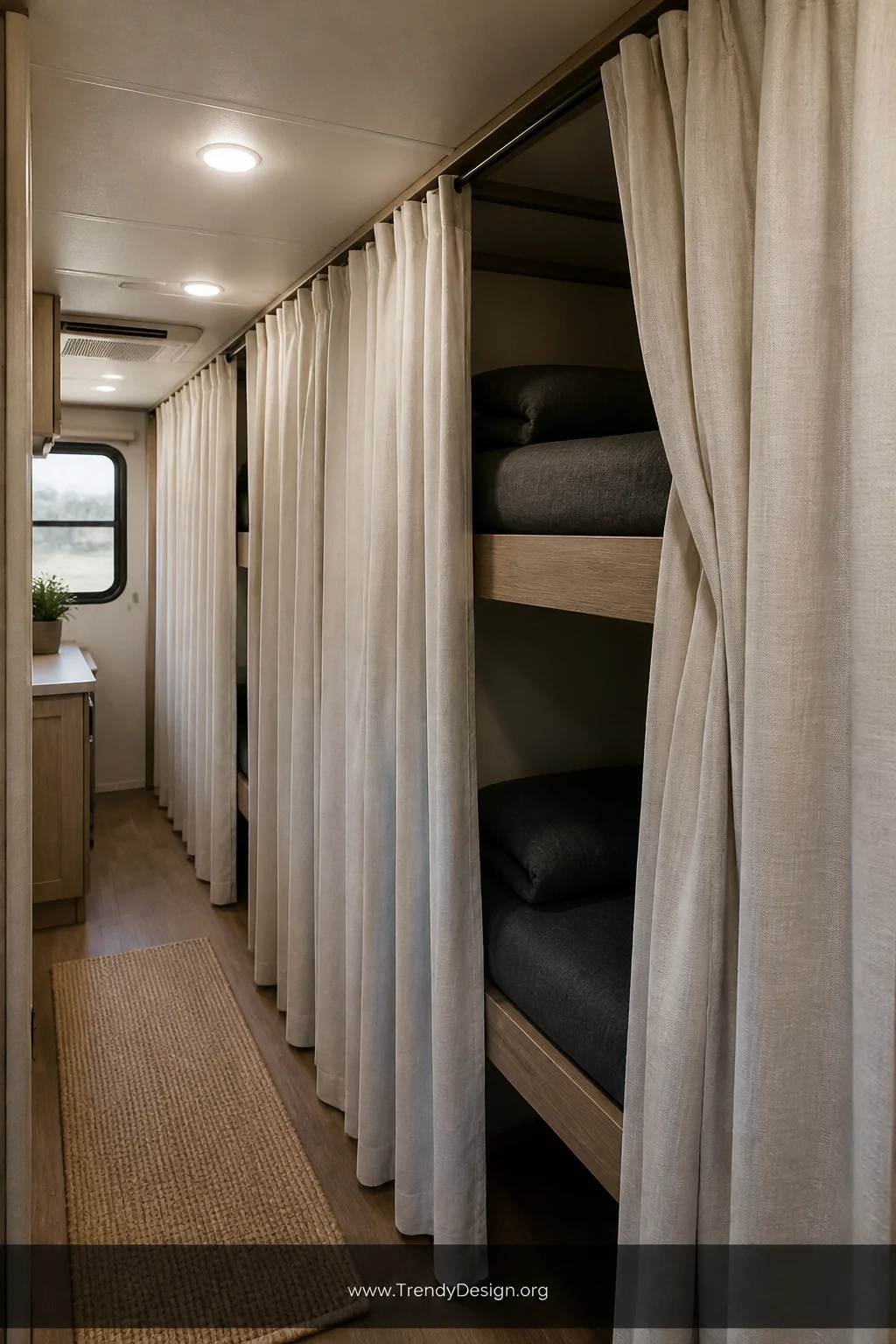 A medium photorealistic interior shot of an RV bunk room where each individual bunk is enclosed by floor-to-ceiling lightweig