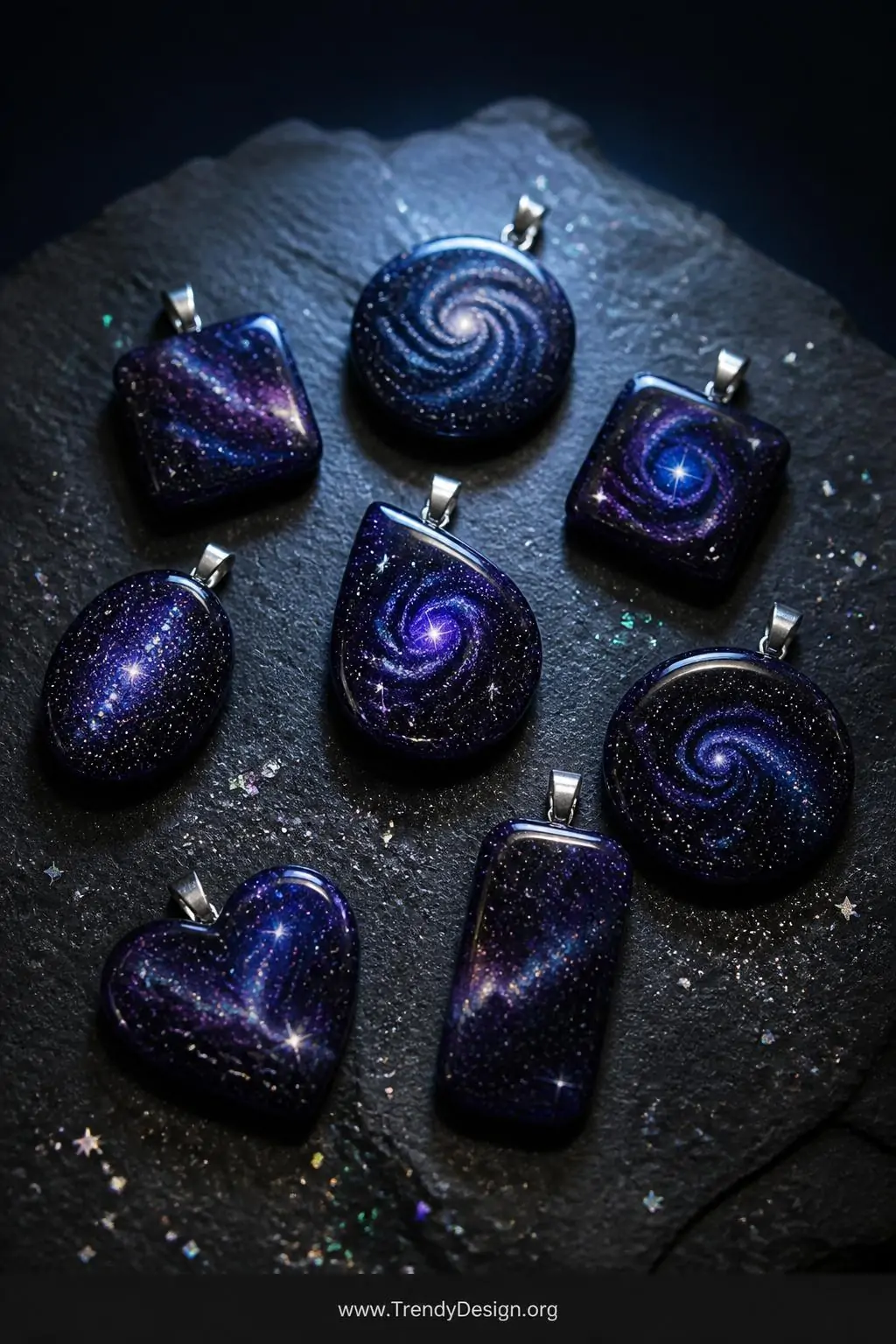 A medium shot of galaxy polymer clay pendants in deep navy purple and black with swirling white and silver star details, coat