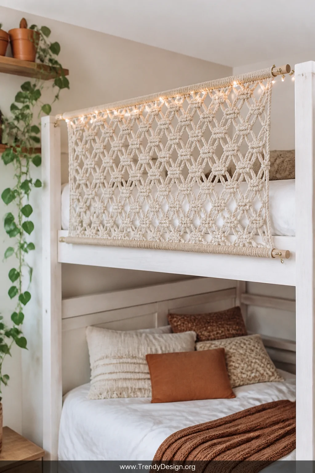 Wide shot of a boho-chic bunk bed featuring a macramé panel guard rail in thick natural cotton cord knotted in an intricate s