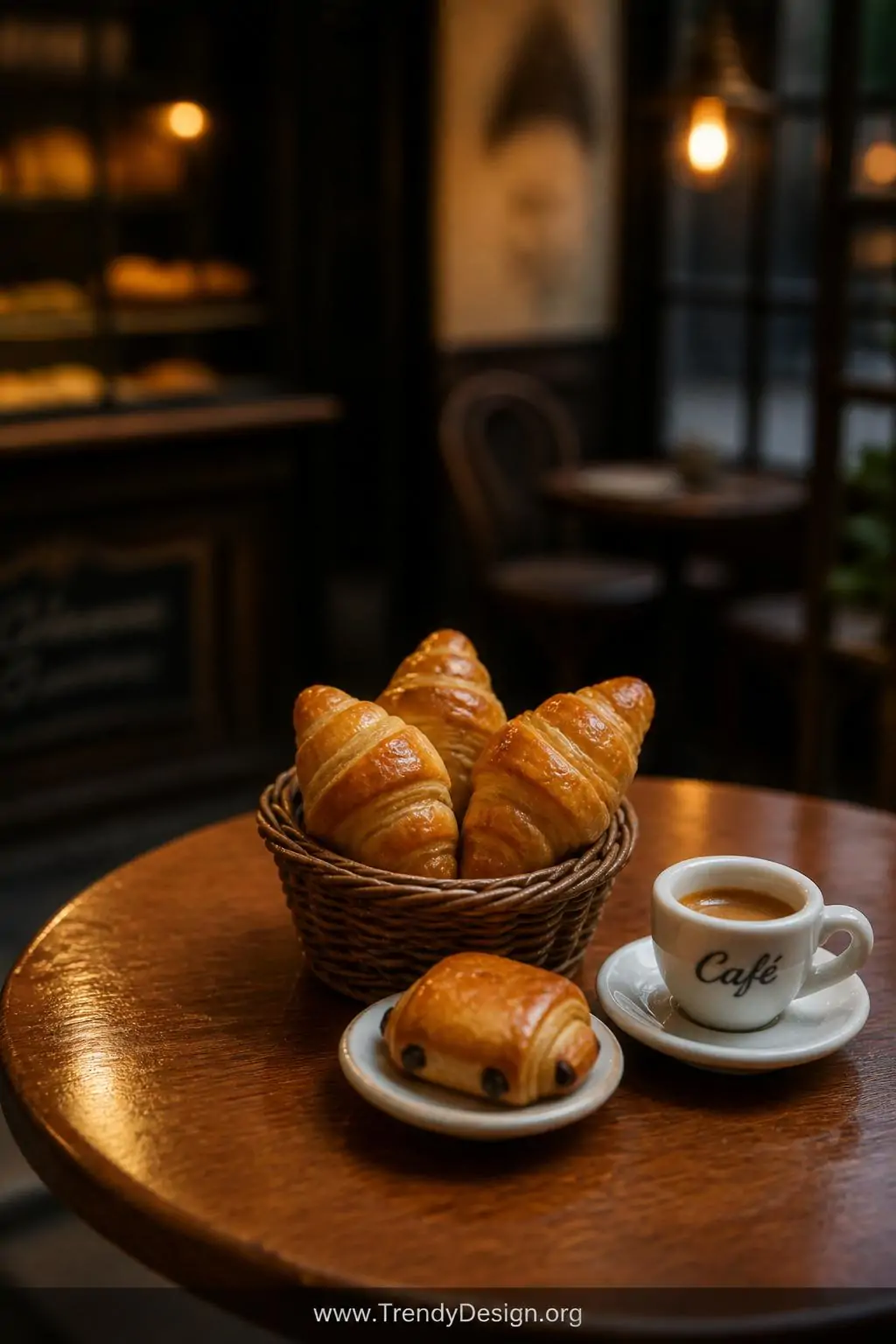 A medium photorealistic shot of three miniature golden clay croissants arranged inside a tiny wicker basket on a miniature ca