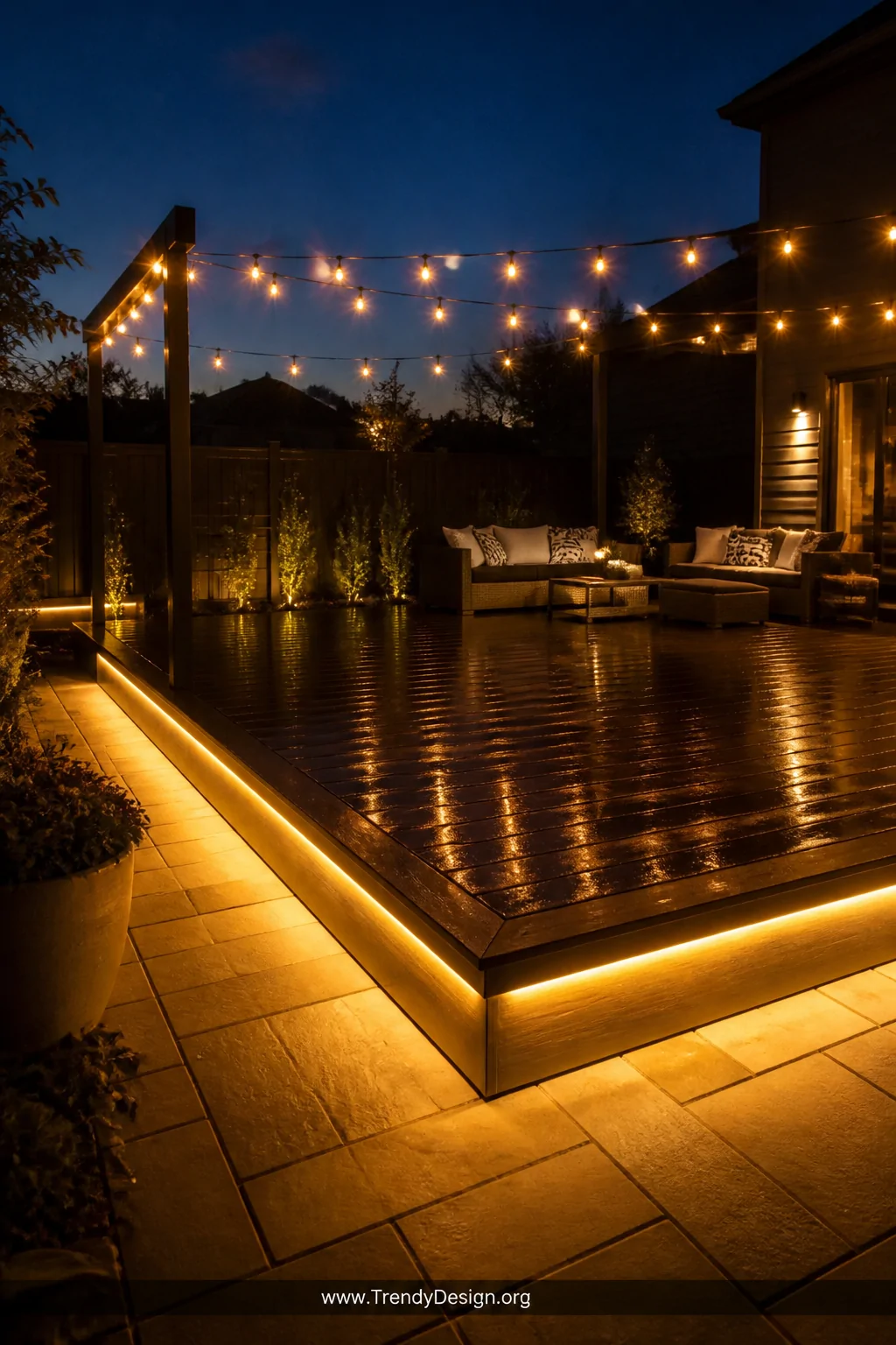 Wide shot of a timber deck at night with warm recessed LED strip lighting glowing beneath the fascia boards, casting a soft a